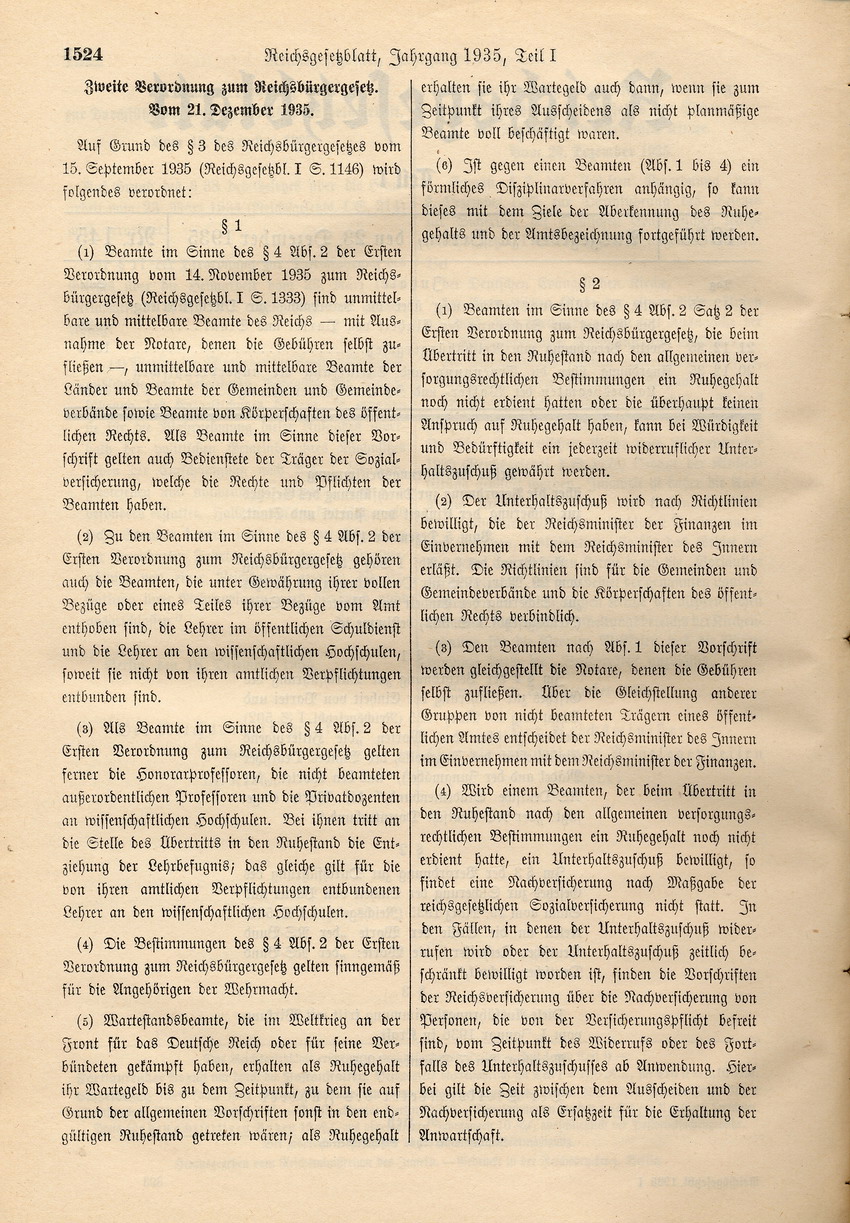 Zweite Verordnung zum Reichsbürgergesetz: Bestimmungen zur Zugehörigkeit zu Beamten und deren Entlassung, 21. Dezember 1935.