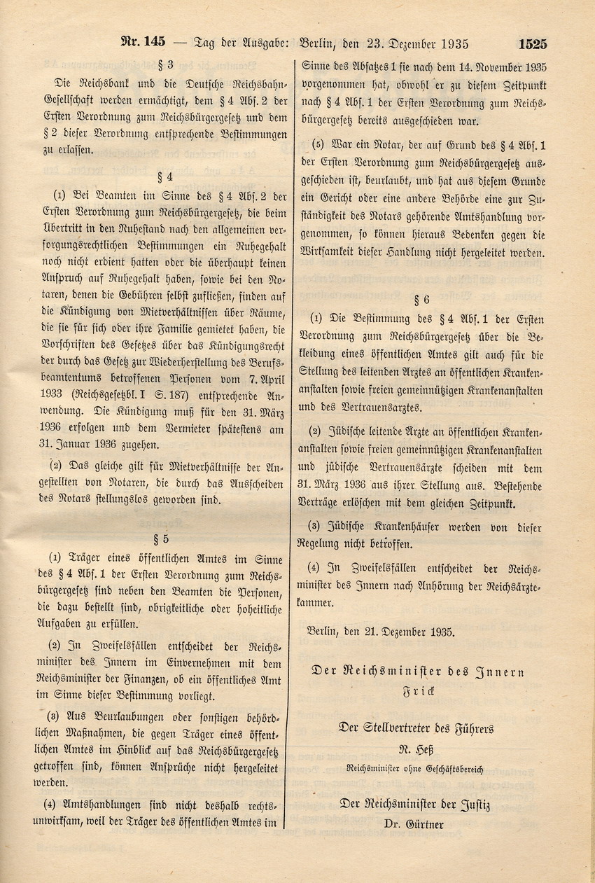 Zweite Verordnung zum Reichsbürgergesetz: Bestimmungen zur Zugehörigkeit zu Beamten und deren Entlassung, 21. Dezember 1935.