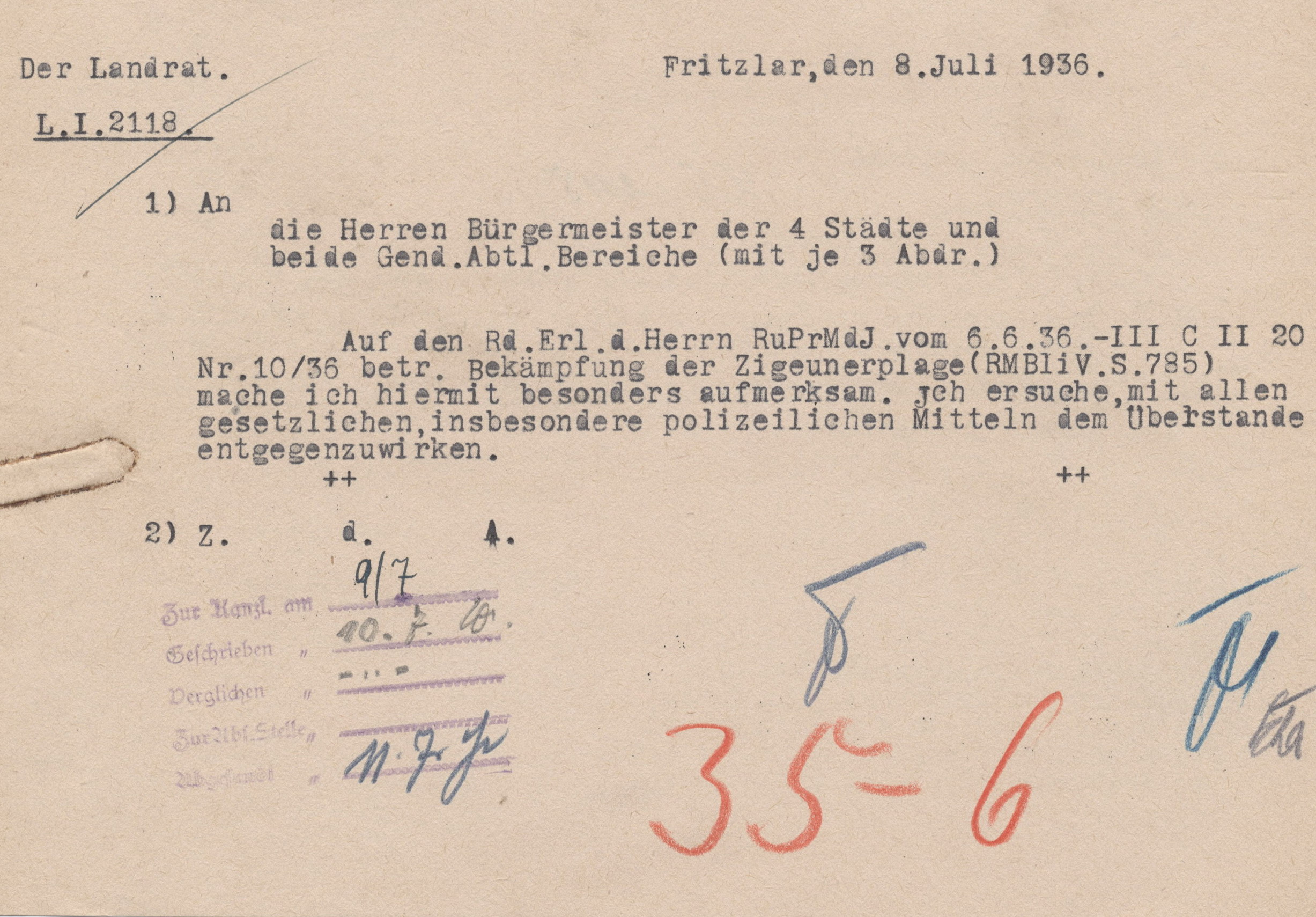 Schreiben des Landrats in Fritzlar an die Bürgermeister und Gendarmerie-Abteilungen zur Beachtung des Runderlasses des Innenminister bei der Überwachung der Sinti und Roma, 8. Juli 1936