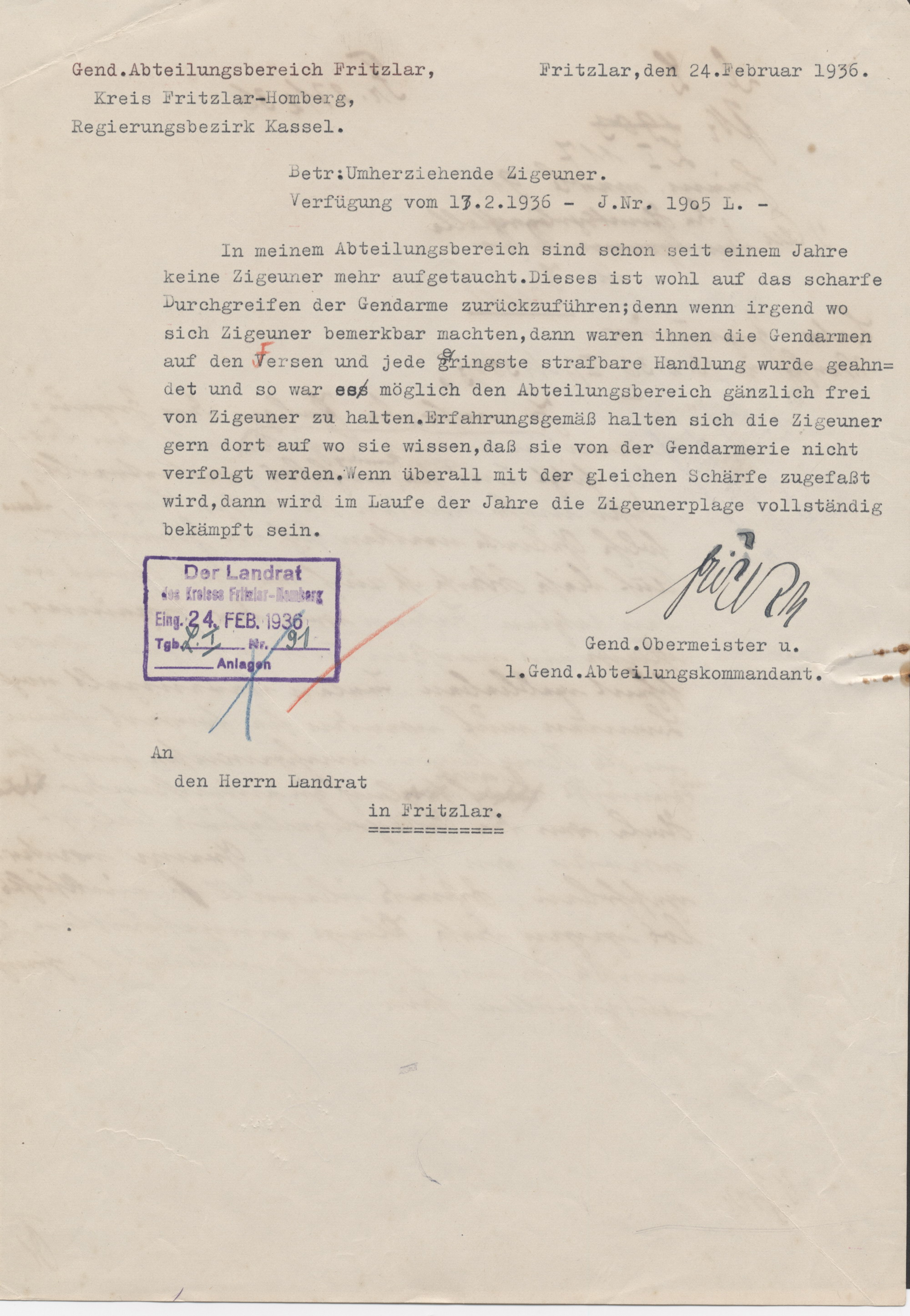 Schreiben des Gendarmerie-Abteilungsbereichs Fritzlar an den Landrat in Fritzlar über die Anwesenheit von Sinti und Roma, 24. Februar 1936