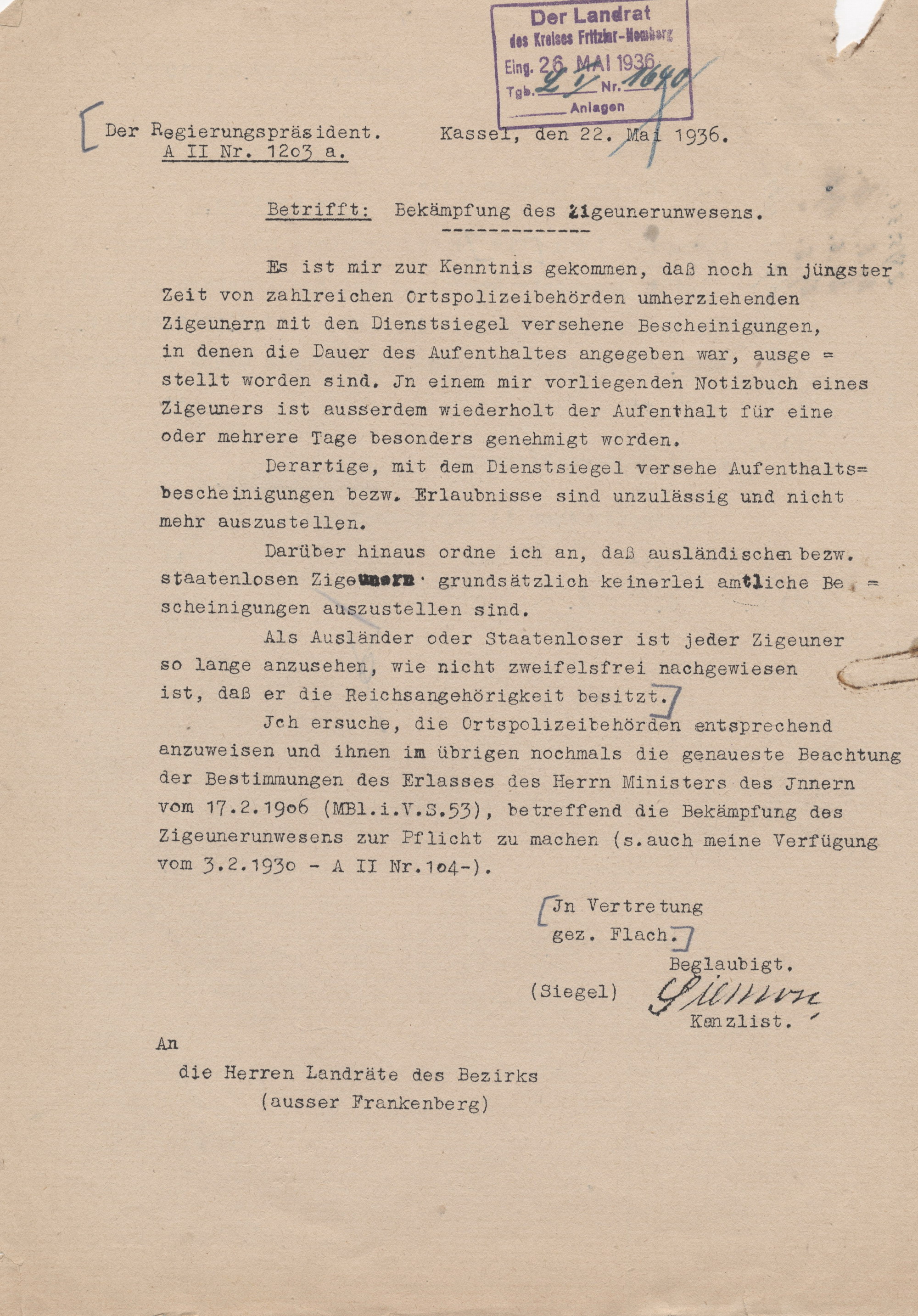 Verfügung des Regierungspräsidenten in Kassel an die Landräte zur Beachtung der Erlassen zur "Bekämpfung des Zigeunerunwesens", 22. Mai 1936