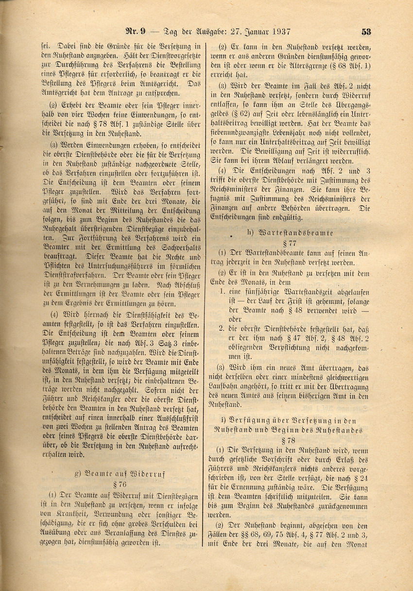 Deutsches Beamtengesetz: Ernennung zu Beamten nur von Personen "deutschen oder artverwandten Blutes" und von mit einer Person gleicher Abstammung Verheirateten, 26. Januar 1937.