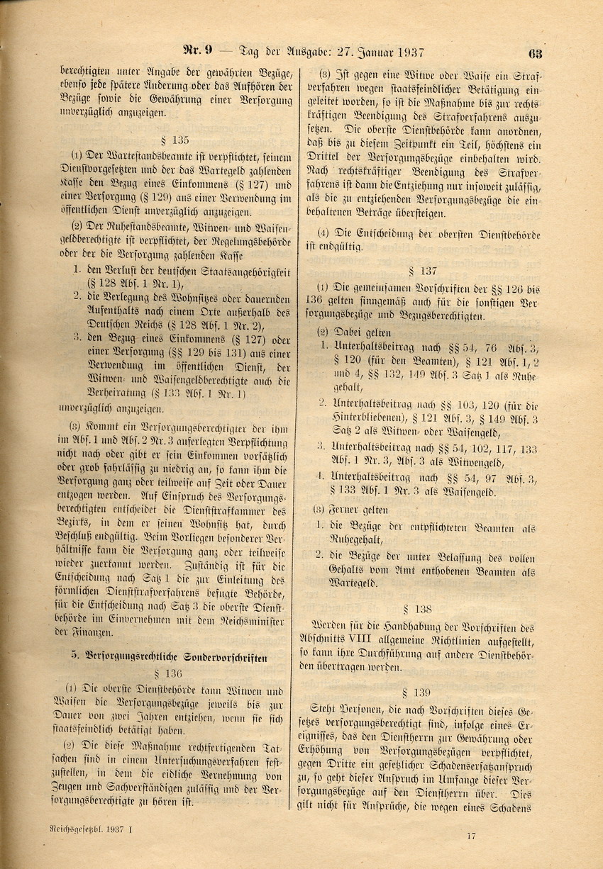 Deutsches Beamtengesetz: Ernennung zu Beamten nur von Personen "deutschen oder artverwandten Blutes" und von mit einer Person gleicher Abstammung Verheirateten, 26. Januar 1937.