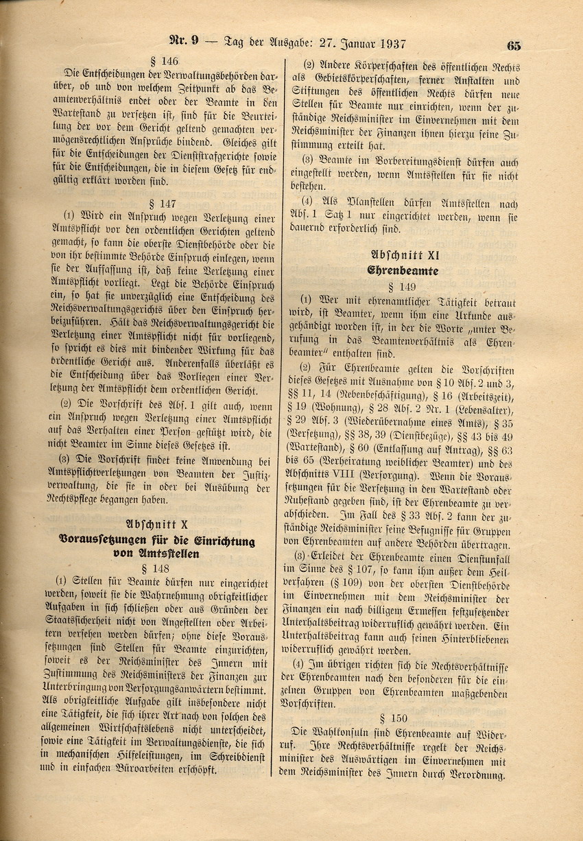 Deutsches Beamtengesetz: Ernennung zu Beamten nur von Personen "deutschen oder artverwandten Blutes" und von mit einer Person gleicher Abstammung Verheirateten, 26. Januar 1937.