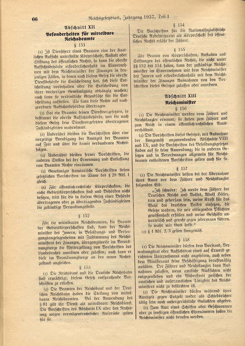 Deutsches Beamtengesetz: Ernennung zu Beamten nur von Personen "deutschen oder artverwandten Blutes" und von mit einer Person gleicher Abstammung Verheirateten, 26. Januar 1937.