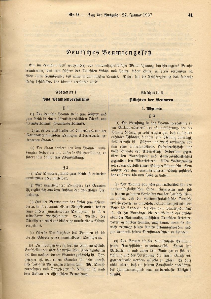 Deutsches Beamtengesetz: Ernennung zu Beamten nur von Personen "deutschen oder artverwandten Blutes" und von mit einer Person gleicher Abstammung Verheirateten, 26. Januar 1937.