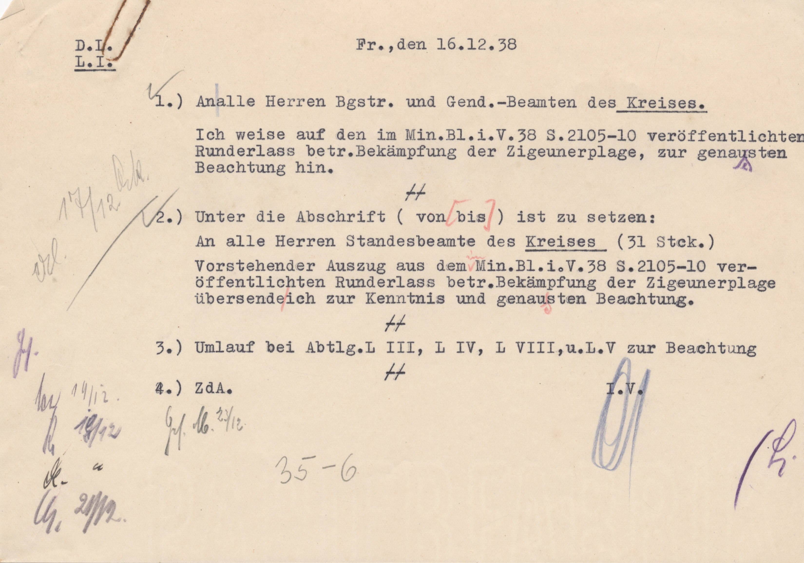 Verfügung des Landrats von Fritzlar-Homberg an die Bürgermeister und Standesbeamten, den "Runderlass betr. Bekämpfung der Zigeunerplage" zu beachten, 16. Dezember 1938