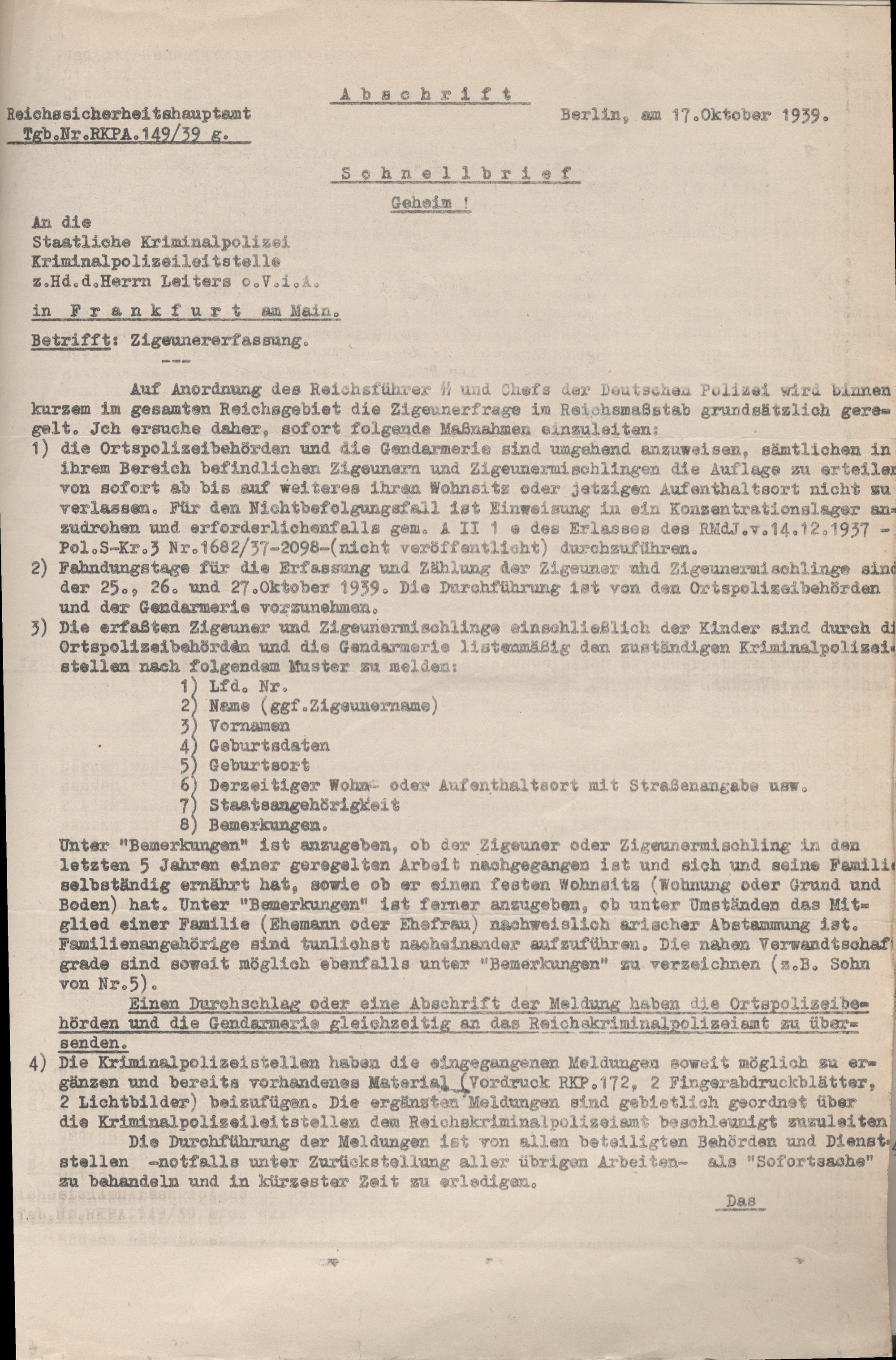 Geheimer Schnellbrief des Reichssicherheitshauptamts Berlin an die Kriminalpolizeileitstelle Frankfurt zur Erfassung der Sinti und Roma, 17. Oktober 1939 (Abschrift)