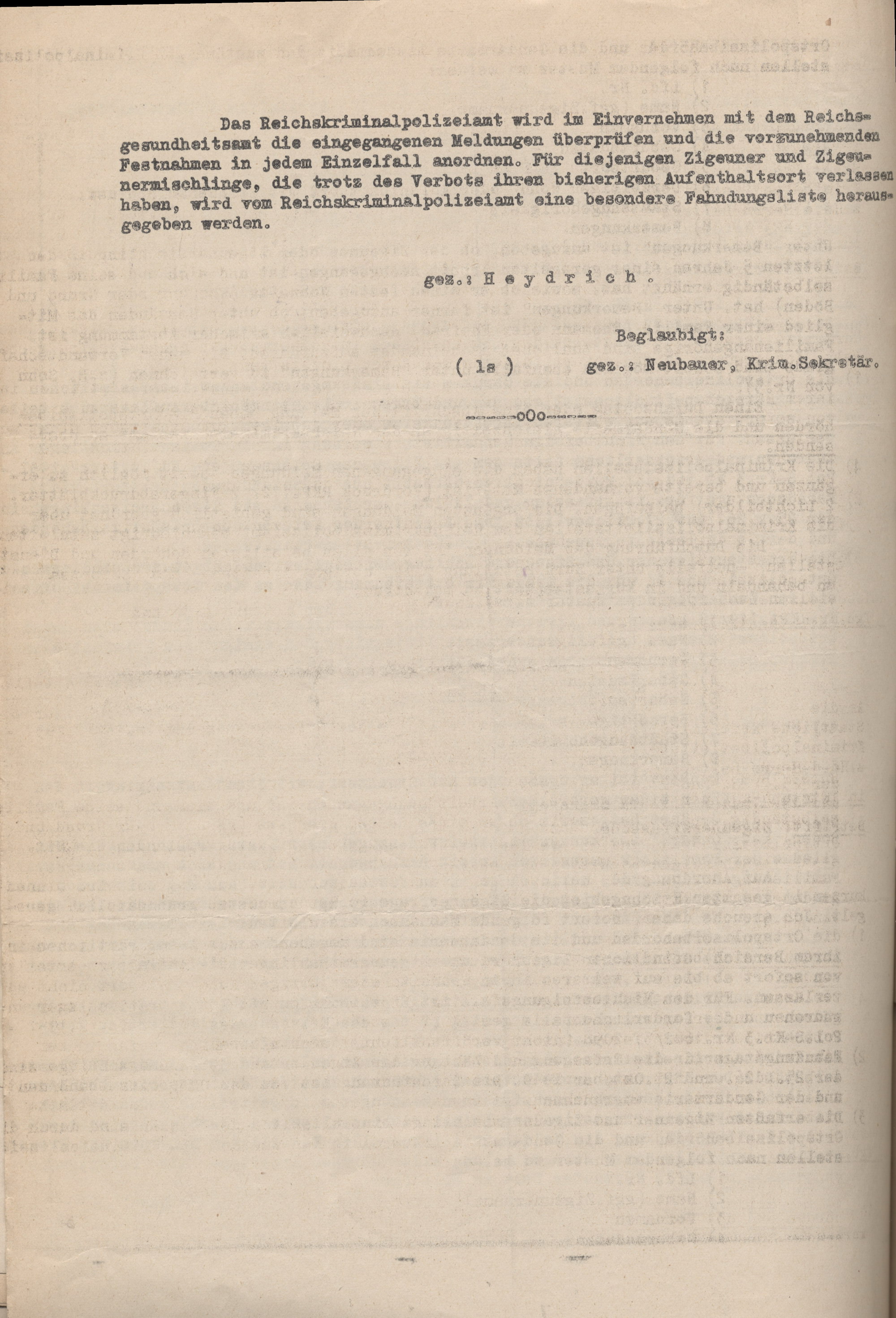 Geheimer Schnellbrief des Reichssicherheitshauptamts Berlin an die Kriminalpolizeileitstelle Frankfurt zur Erfassung der Sinti und Roma, 17. Oktober 1939 (Abschrift)