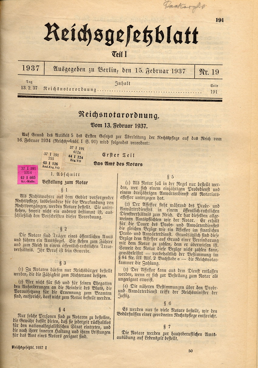 Reichsnotarverordnung: Verbot der Bestellung zum Notar für Juden, 13. Februar 1937.