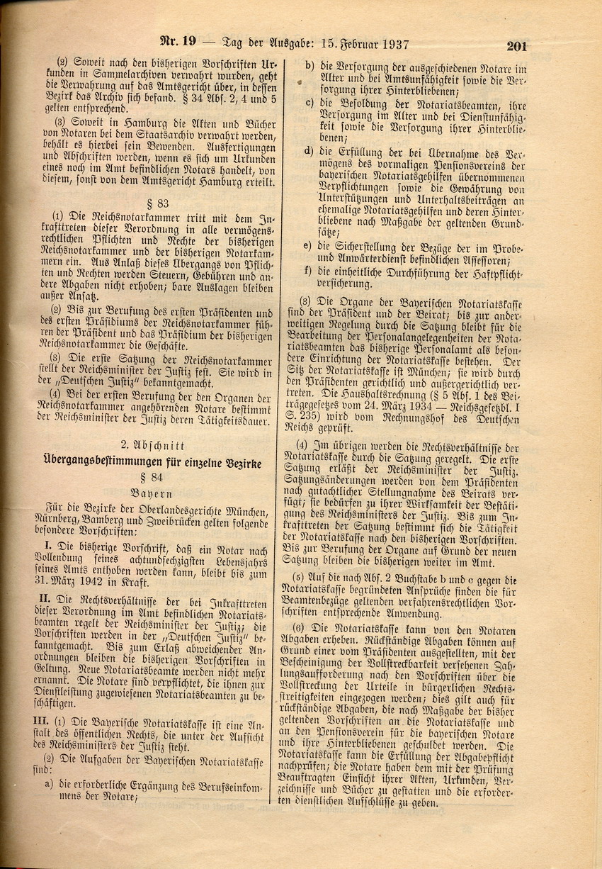 Reichsnotarverordnung: Verbot der Bestellung zum Notar für Juden, 13. Februar 1937.
