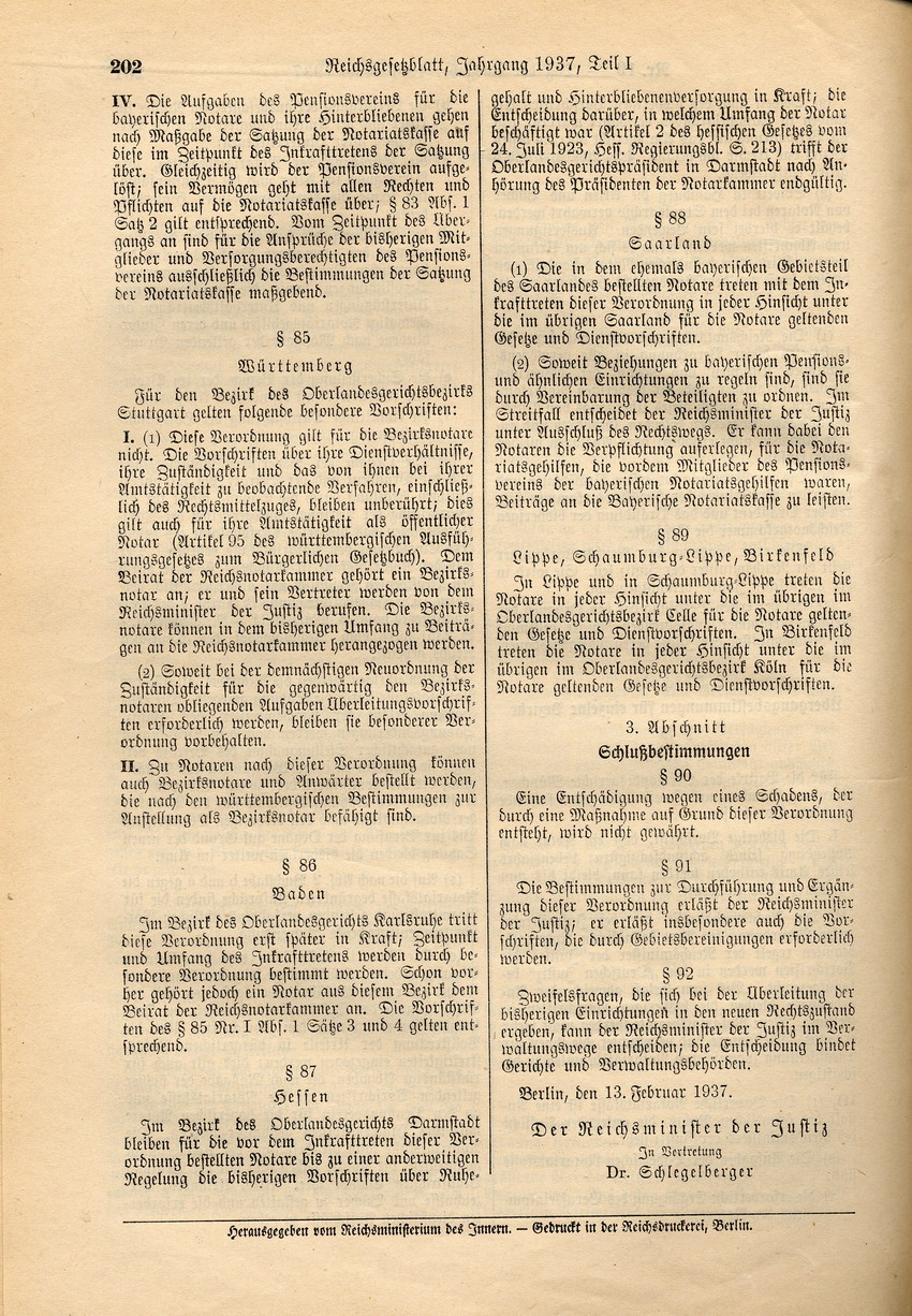 Reichsnotarverordnung: Verbot der Bestellung zum Notar für Juden, 13. Februar 1937.
