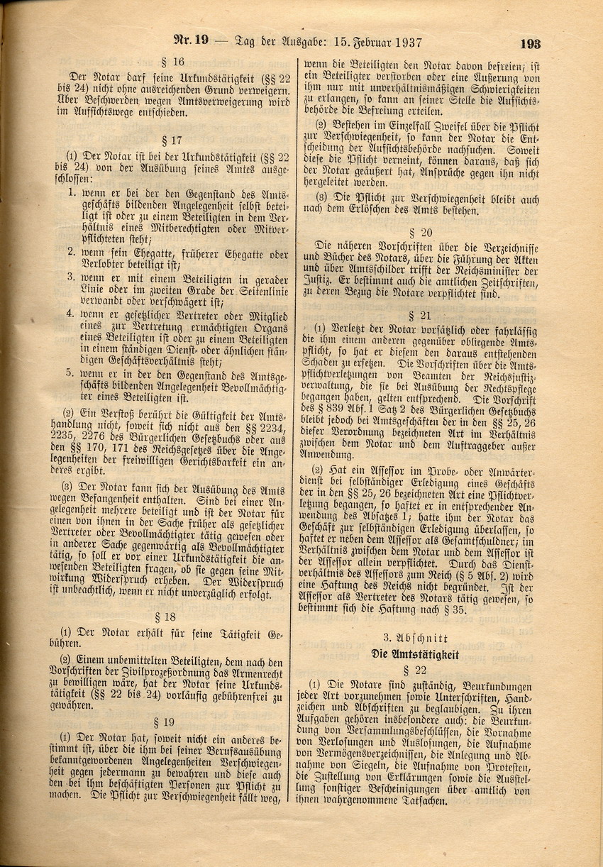 Reichsnotarverordnung: Verbot der Bestellung zum Notar für Juden, 13. Februar 1937.