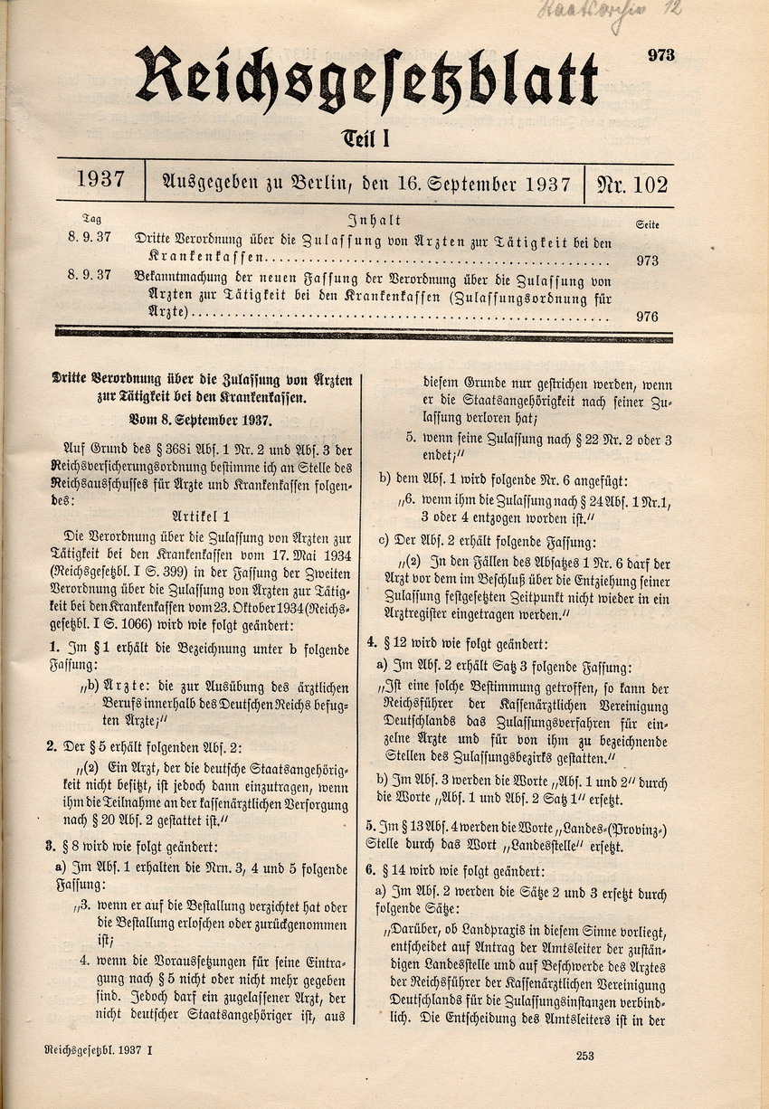Dritte Verordnung über die Zulassung von Ärzten zur Tätigkeit bei den Krankenkassen: Verbot der Zulassung von Ärzten mit "nicht deutschem oder artverwandten Blut", 8. September 1937.