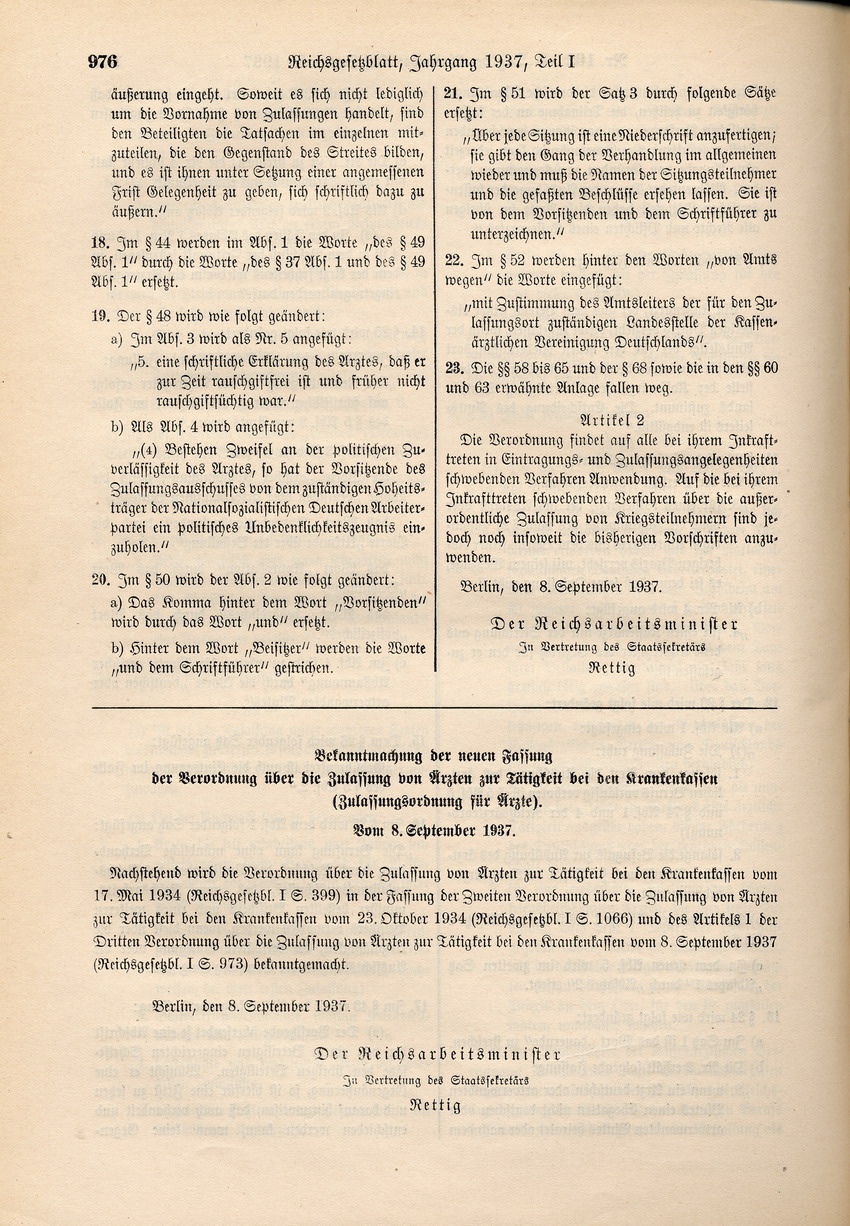 Dritte Verordnung über die Zulassung von Ärzten zur Tätigkeit bei den Krankenkassen: Verbot der Zulassung von Ärzten mit "nicht deutschem oder artverwandten Blut", 8. September 1937.