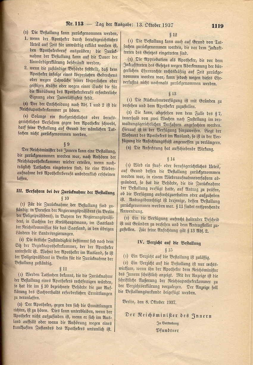 Bestallungsordnung für Apotheker: Verbot der Approbation für Juden, 8. Oktober 1937.