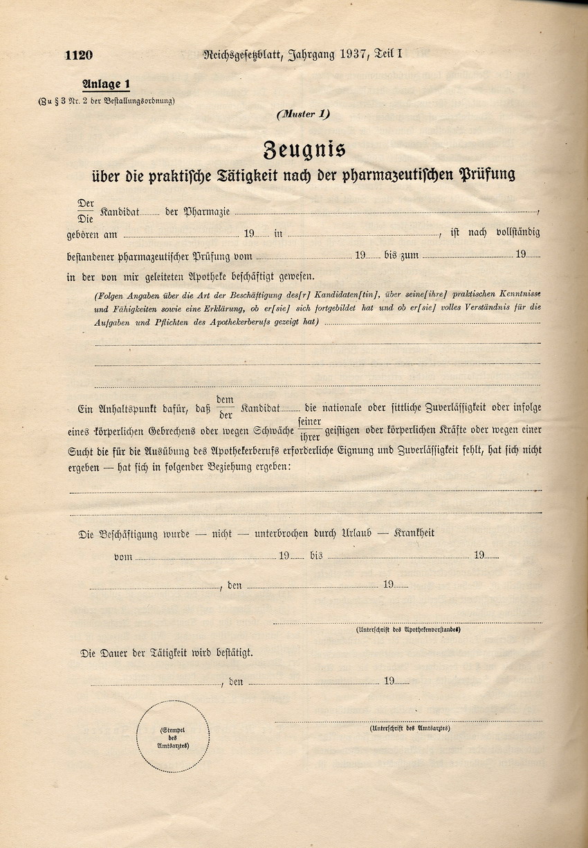 Bestallungsordnung für Apotheker: Verbot der Approbation für Juden, 8. Oktober 1937.