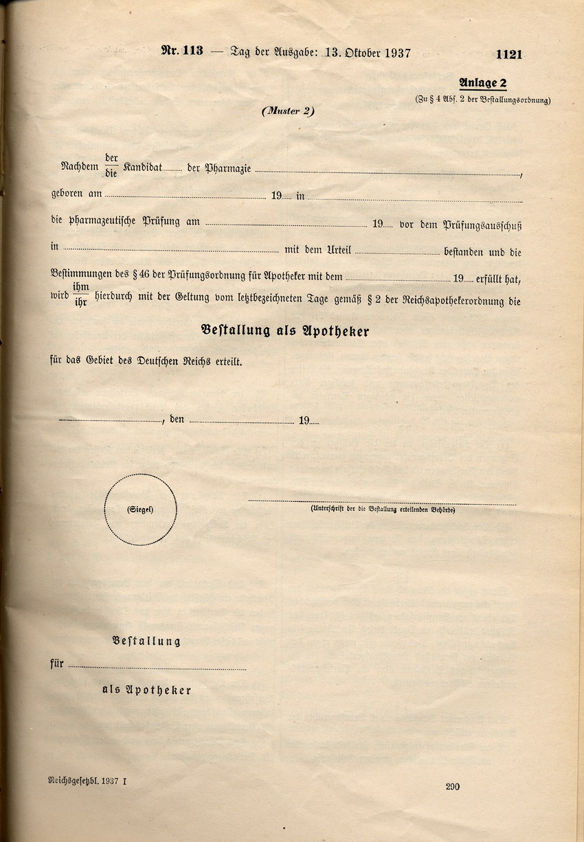 Bestallungsordnung für Apotheker: Verbot der Approbation für Juden, 8. Oktober 1937.