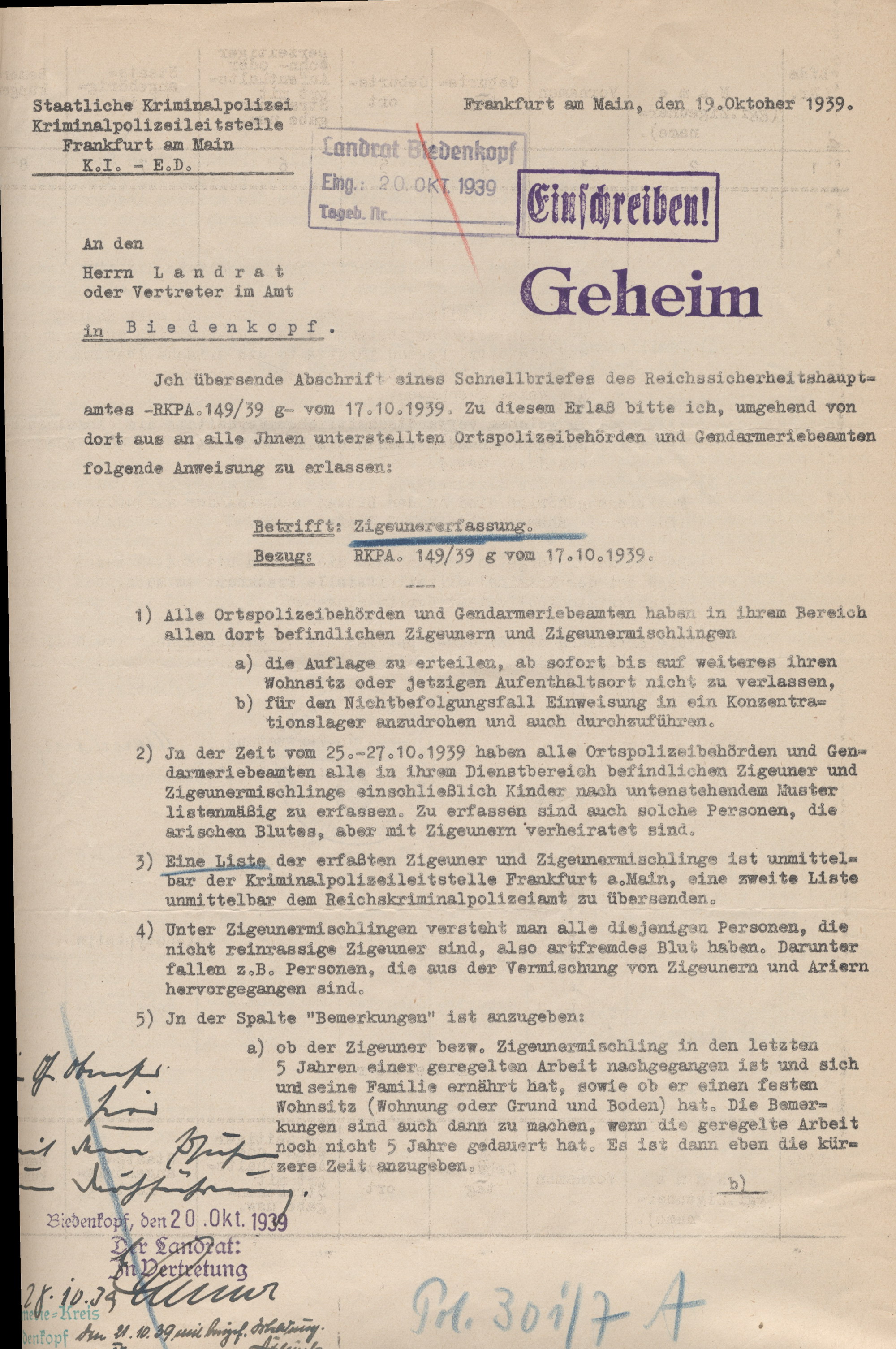 Geheime Übersendung der Abschrift des Schnellbriefes des Reichssicherheitshauptamts Berlin an den Landrat in Biedenkopf durch die Kriminalpolizeileitstelle Frankfurt mit Anweisung zur Erfassung der Sinti und Roma durch die Ortspolizei, 19. Oktober 1939