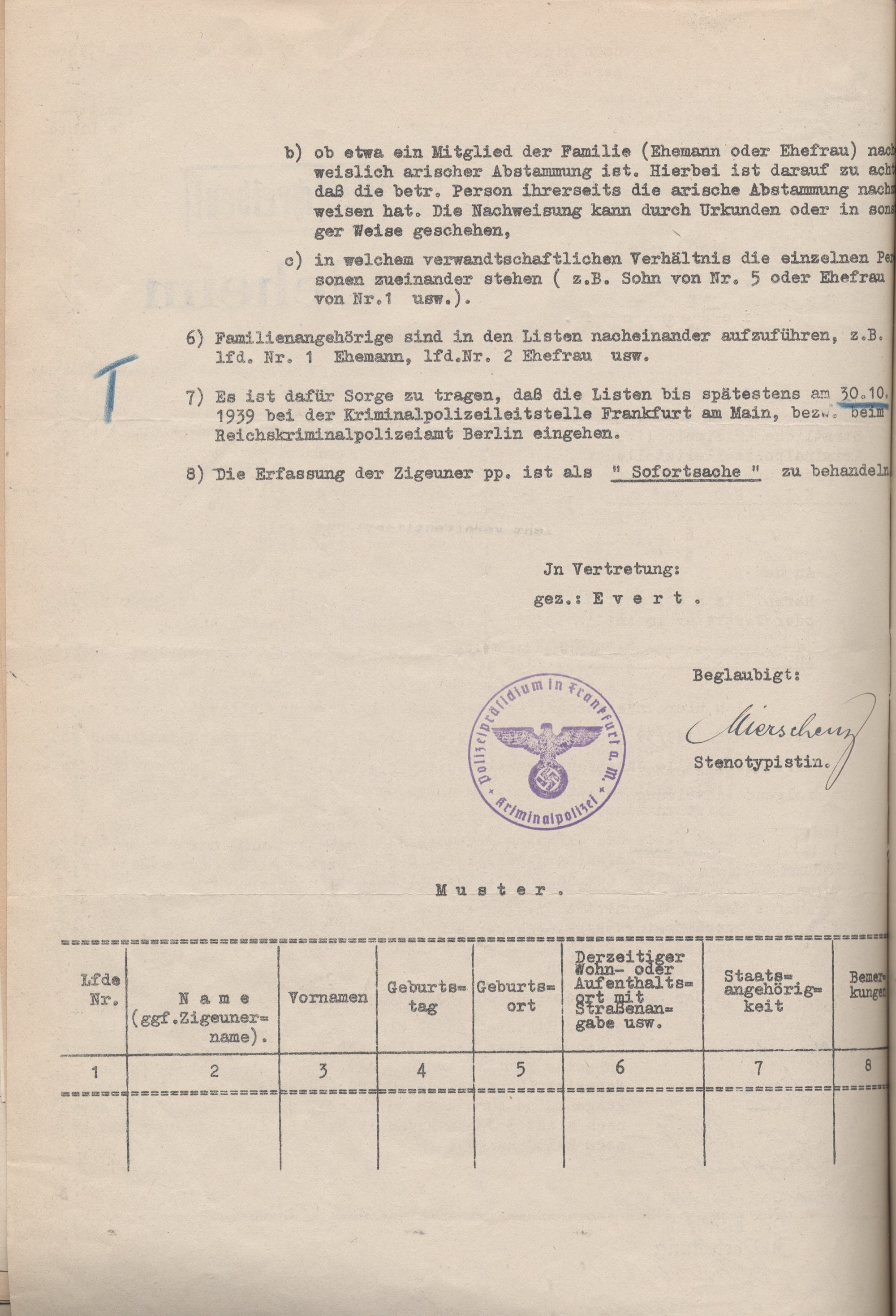 Geheime Übersendung der Abschrift des Schnellbriefes des Reichssicherheitshauptamts Berlin an den Landrat in Biedenkopf durch die Kriminalpolizeileitstelle Frankfurt mit Anweisung zur Erfassung der Sinti und Roma durch die Ortspolizei, 19. Oktober 1939