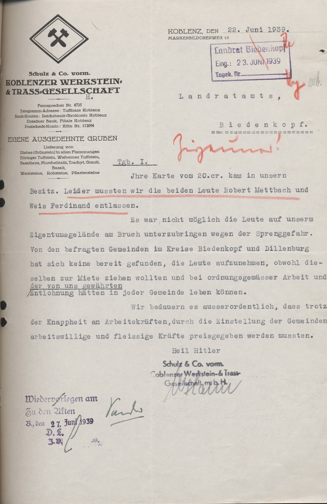 Schreiben der Koblenzer Werkstein- & Trass-Gesellschaft an das Landratsamt in Biedenkopf zur Entlassung zweier Sinti, 22.  Juni 1939