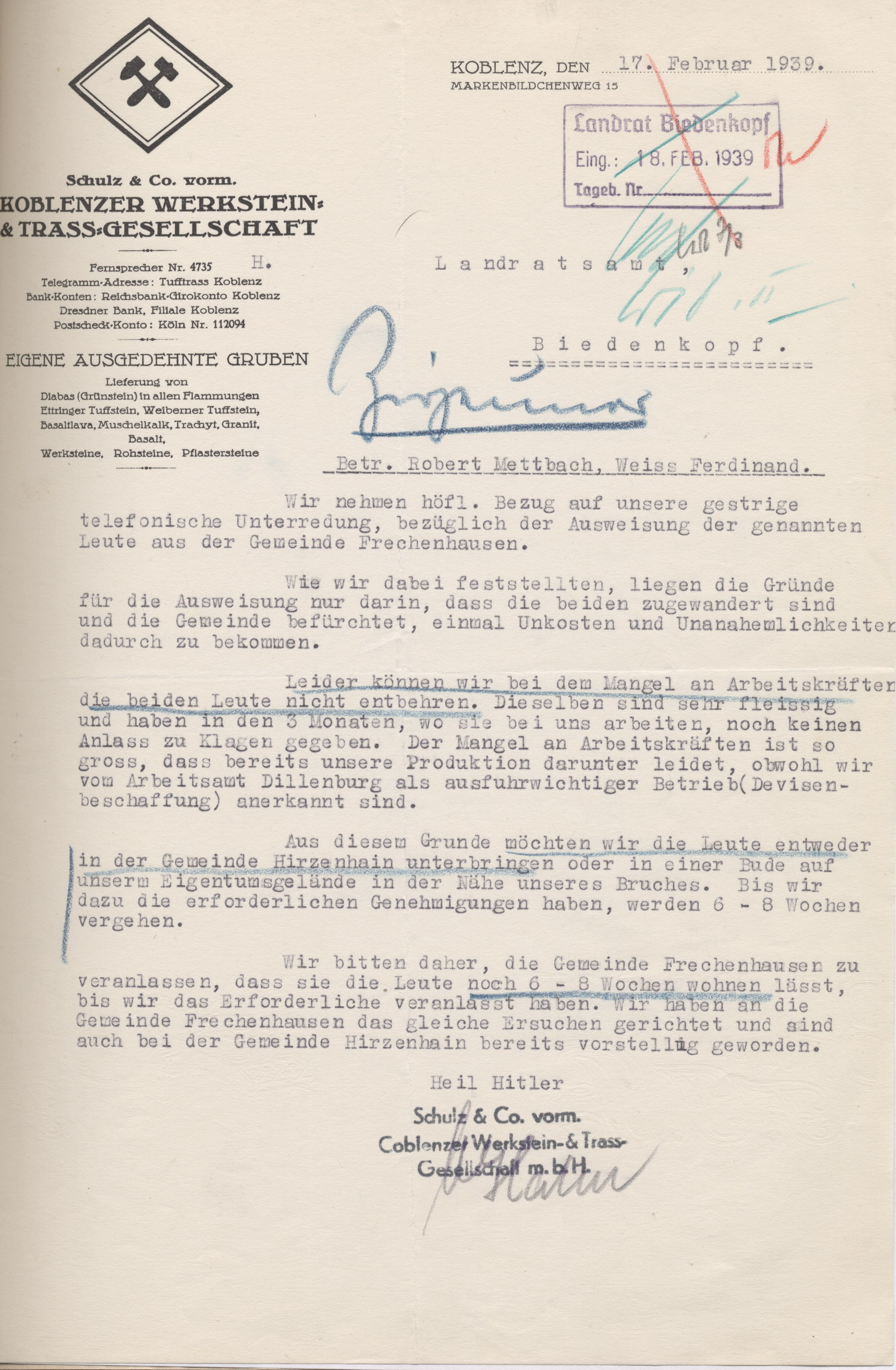 Schreiben der Koblenzer Werkstein- & Trass-Gesellschaft an das Landratsamt in Biedenkopf mit dem Anliegen, zwei Sinti in Hirzenhain wohnen zu lassen,  17. Februar 1939