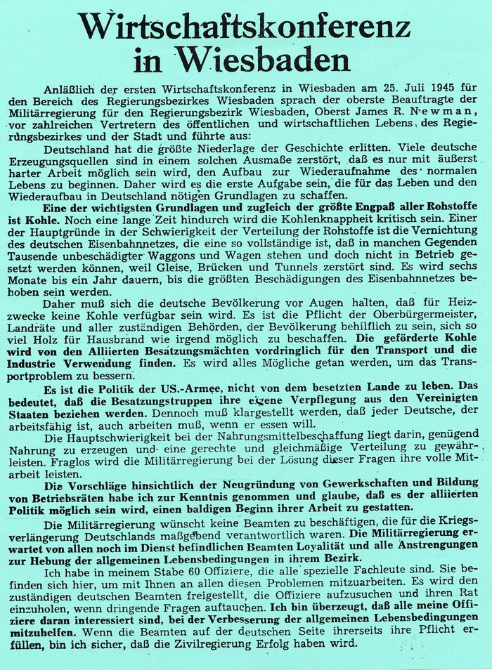 Zeitungsartikel: Wirtschaftskonferenz in Wiesbaden vom 4. August 1945