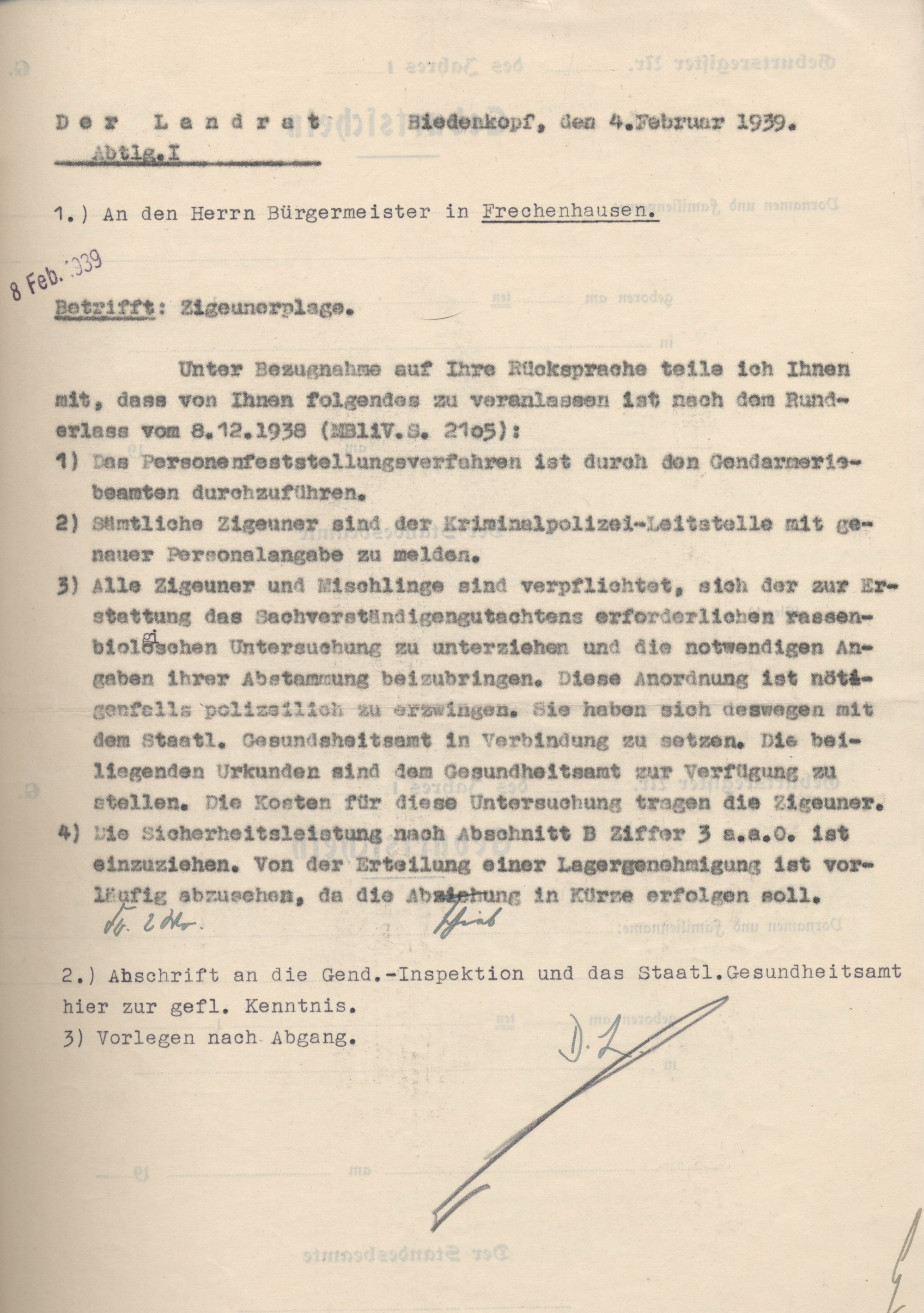 Entwurf eines Schreibens des Landrats in Biedenkopf an den Bürgermeister in Frechenhausen zu den rechtlichen Grundlagen zur Behandlung der zugezogenen Sinti und Roma, 4. Februar 1939, und die Antwort des Bürgermeisters, 24. Februar 1939