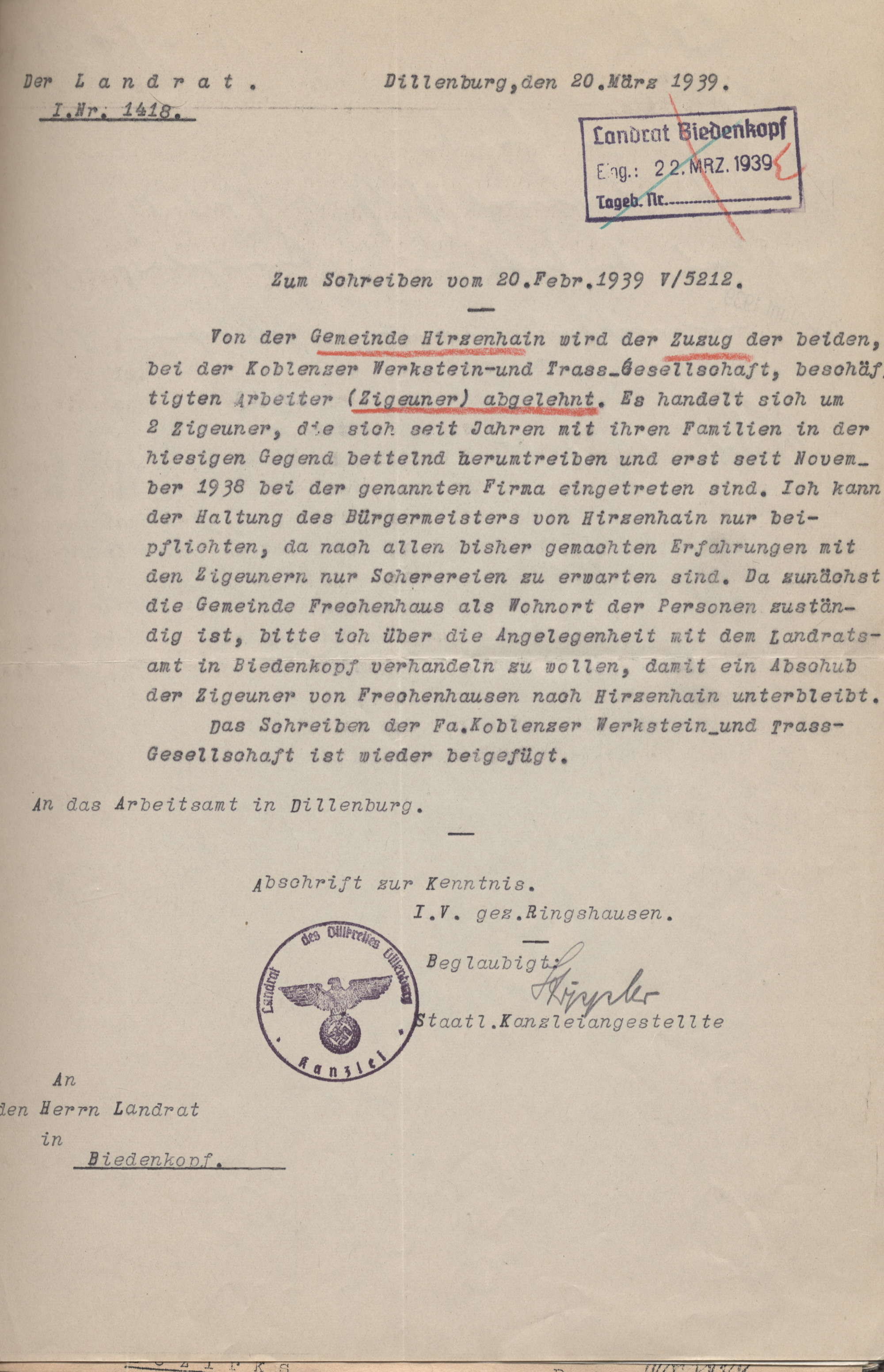 Entwurf eines Schreibens des Landrats in Biedenkopf an den Bürgermeister in Frechenhausen zu den rechtlichen Grundlagen zur Behandlung der zugezogenen Sinti und Roma, 4. Februar 1939, und die Antwort des Bürgermeisters, 24. Februar 1939