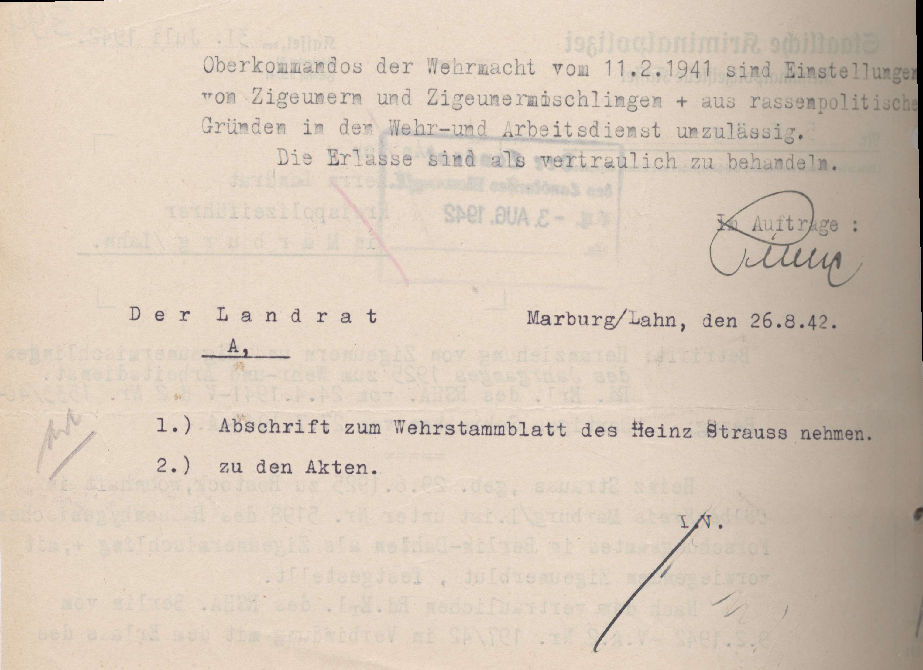 Schreiben der Kriminalpolizeistelle Kassel an den Landrat in Marburg zum Ausschluss des Sintos Heinz Strauß von der Wehrpflicht, 31. Juli 1942