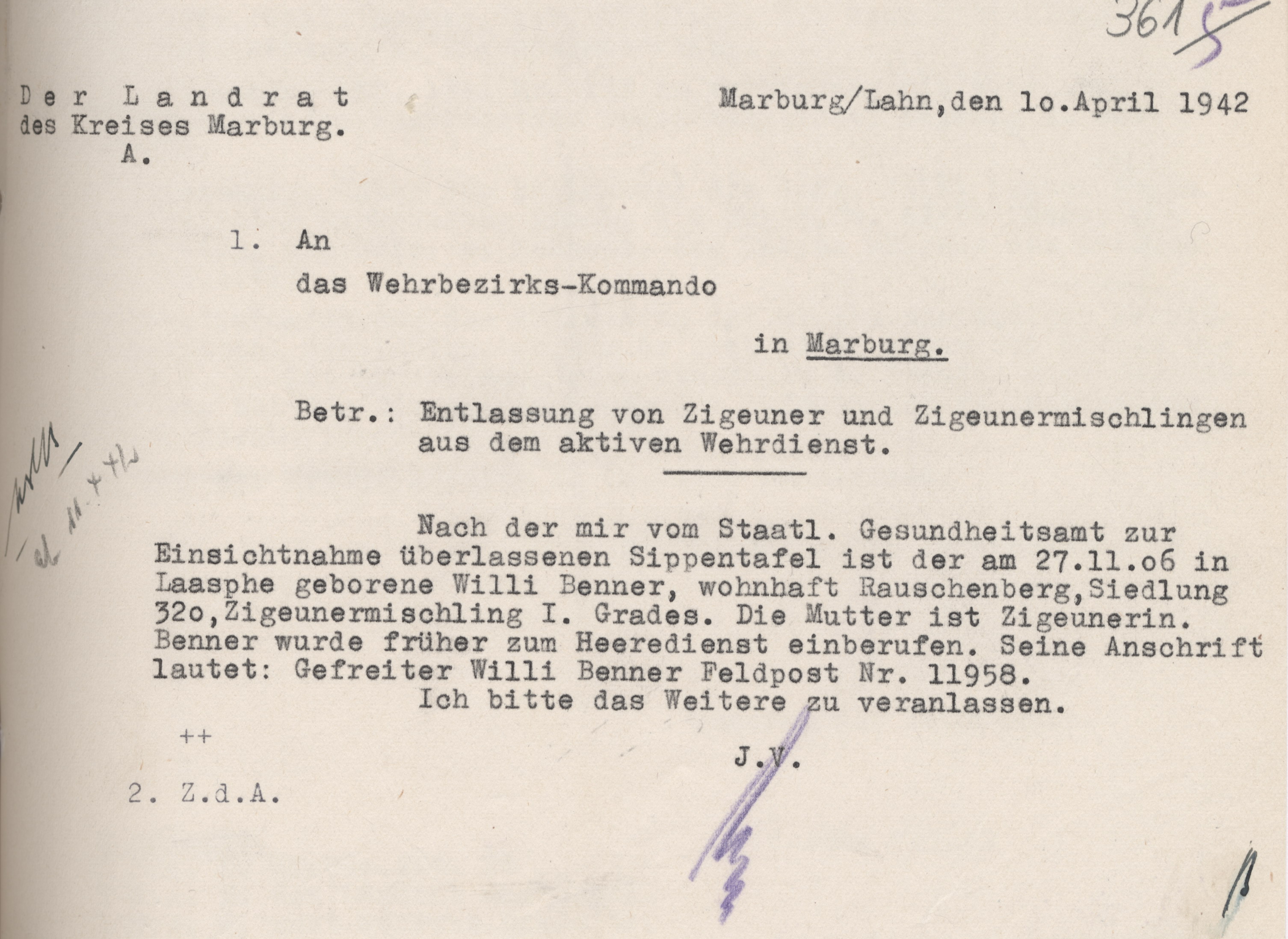 Schreiben des Landrats in Marburg an das Wehrbezirkskommando zur Entlassung von Sinti und Roma aus dem aktiven Wehrdienst, 10. April 1942
