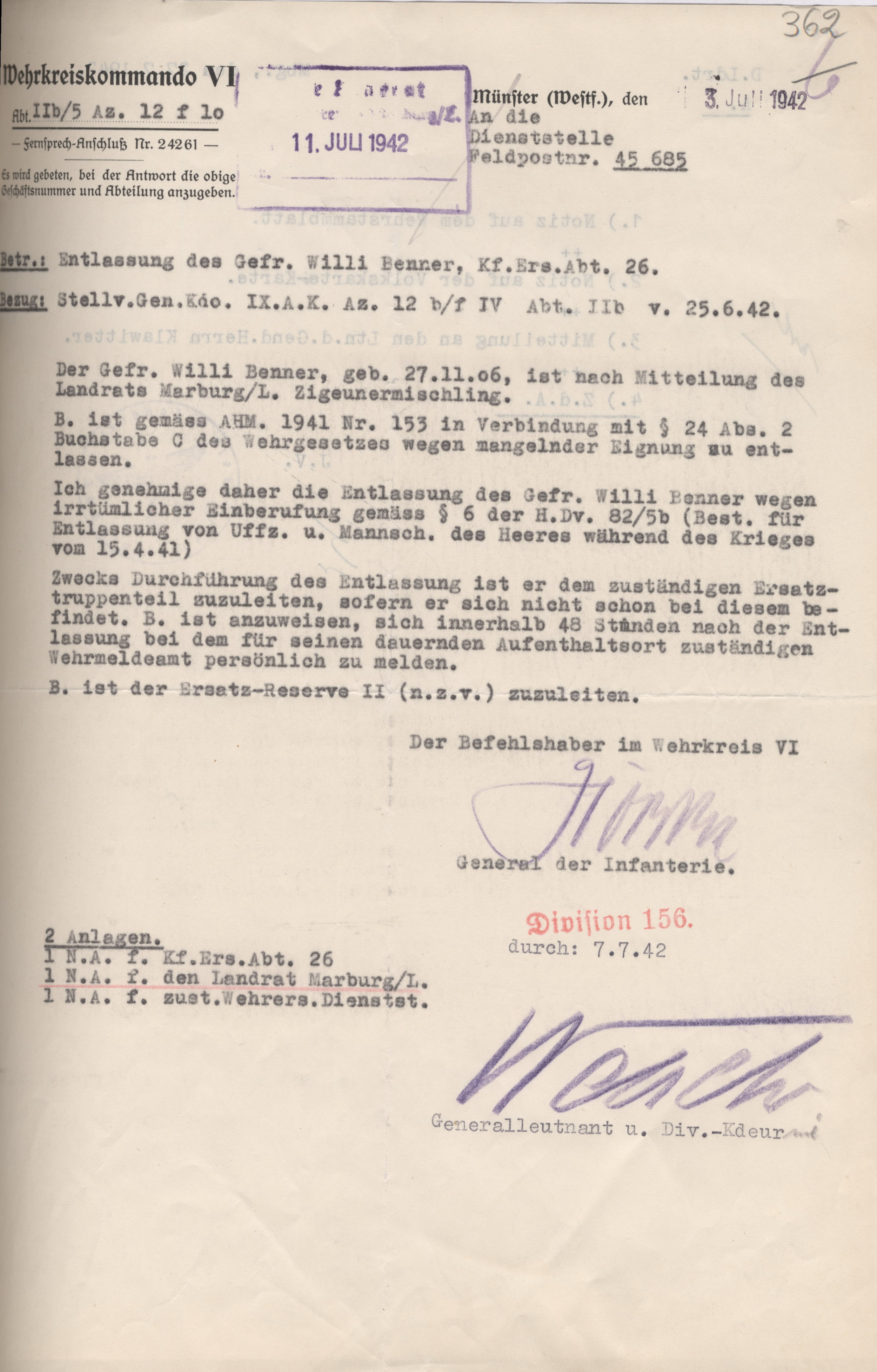 Schreiben des Wehrkreiskommandos VI an den Landrat in Marburg zur Entlassung des Sintos Willi B. aus dem Wehrdienst, 3. Juli 1942