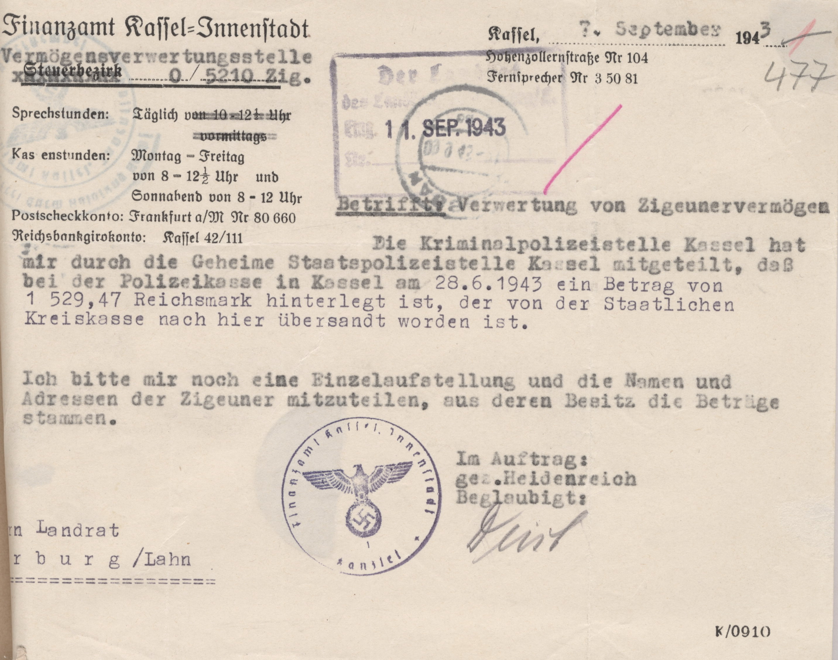 Schreiben des Finanzamts Kassel-Innenstadt an den Landrat Marburg zur Enteignung der Marburger Sinti, 7. September 1943