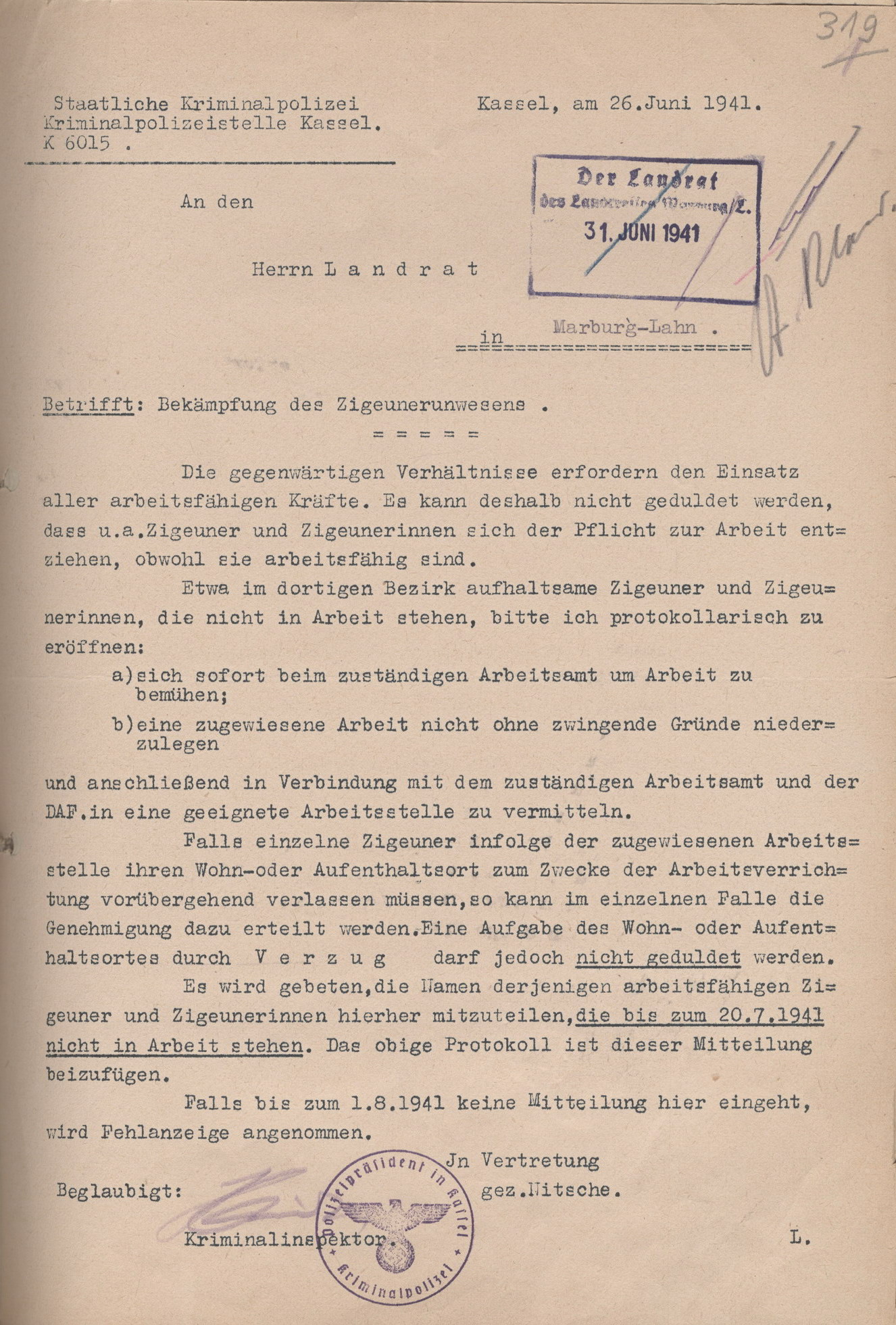 Verfügung der Kriminalpolizeistelle Kassel an den Landrat in Marburg zur Erfassung aller arbeitsfähigen Sinti und Roma, 31.  Juni 1941