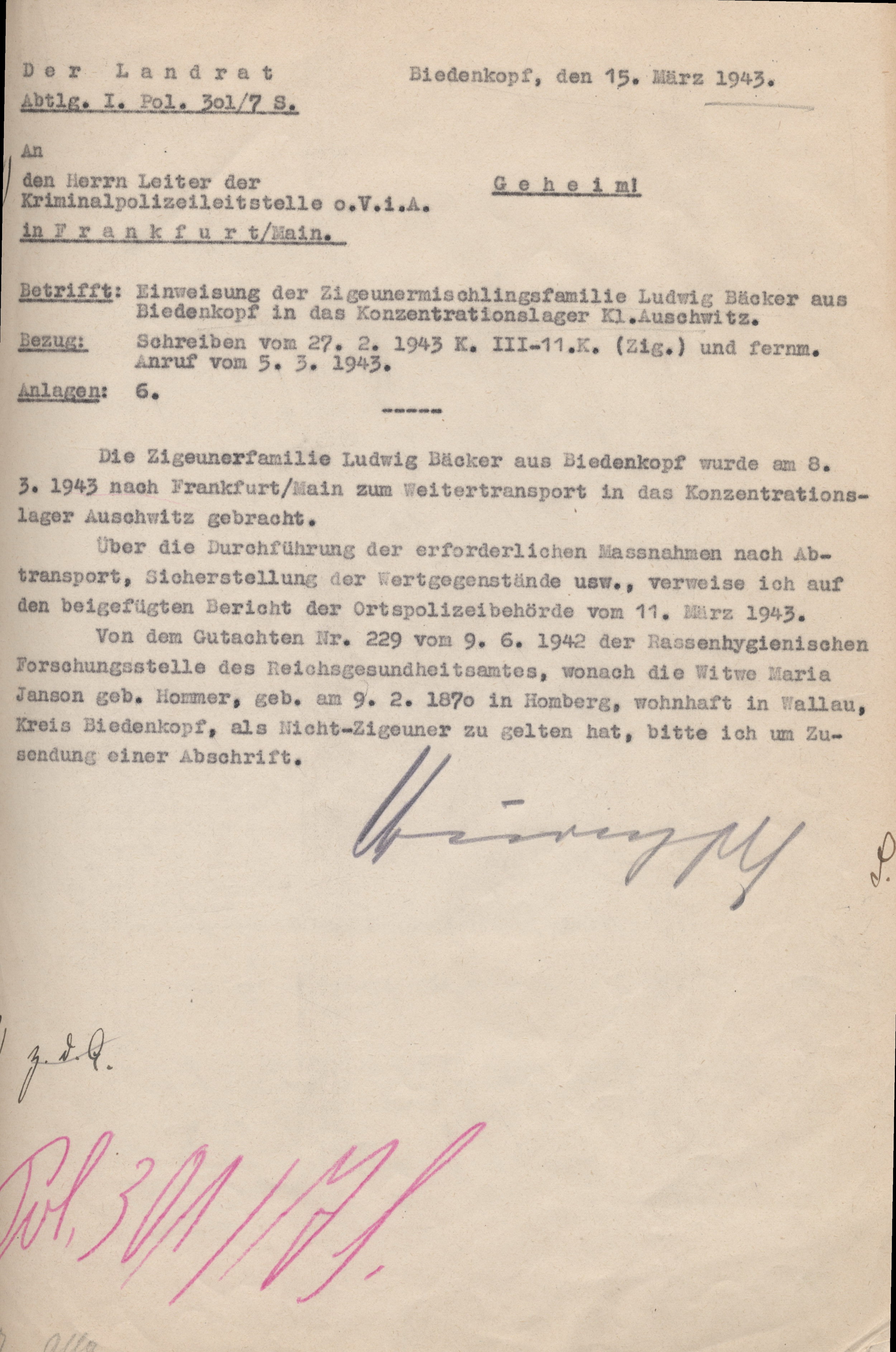 Schreiben des Landrats in Biedenkopf an die Kriminalpolizeileitstelle Frankfurt über die Deportation der Familie Bäcker in das Konzentrationslager Auschwitz, 15. März 1943