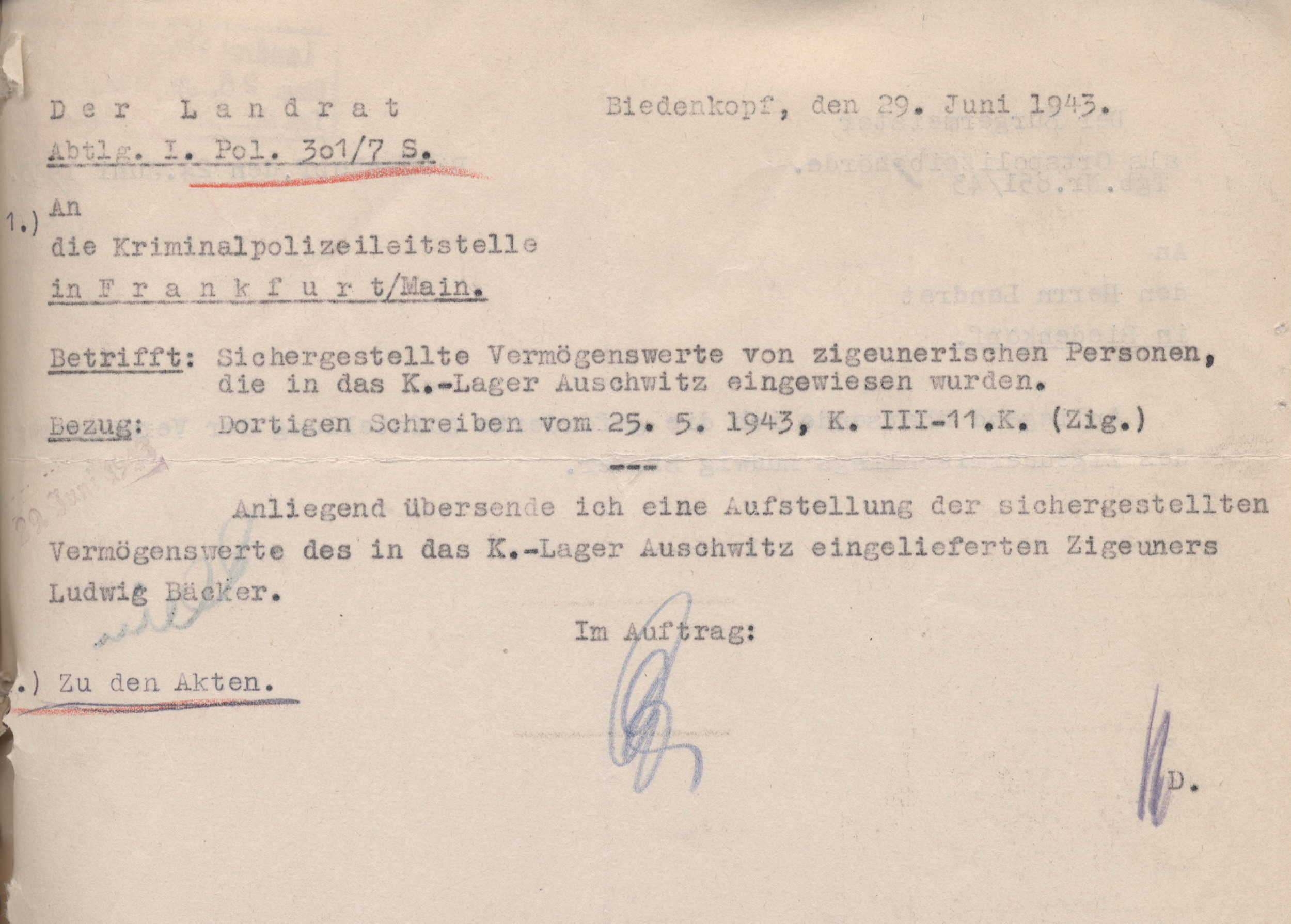 Anschreiben des Landrats in Biedenkopf an die Kriminalpolizeileitstelle Frankfurt zur Vermögenswerteaufstellung der nach Auschwitz deportierten Sinti, 29. Juni 1943 und Liste der Gegenstände, 24. Juni 1943