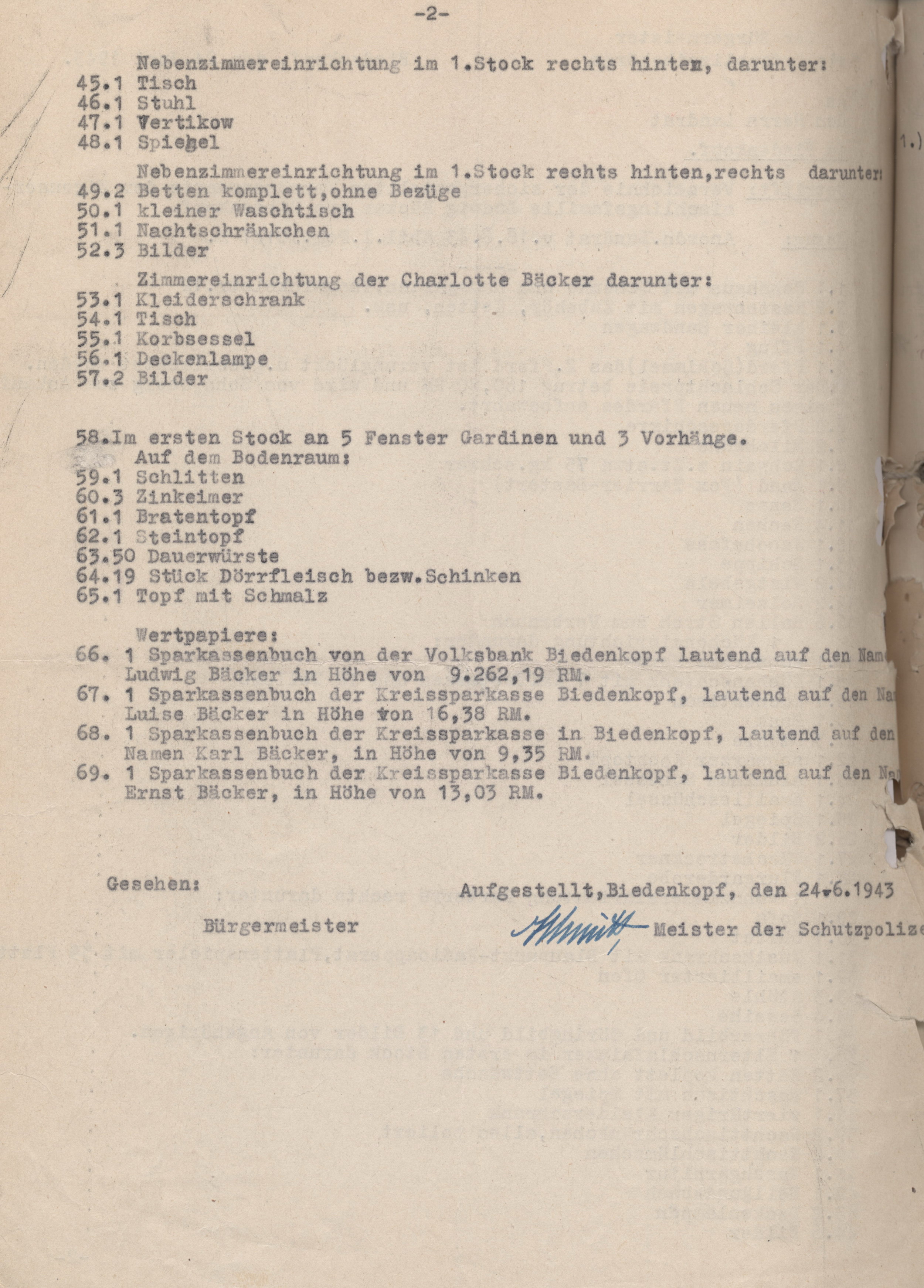 Anschreiben des Landrats in Biedenkopf an die Kriminalpolizeileitstelle Frankfurt zur Vermögenswerteaufstellung der nach Auschwitz deportierten Sinti, 29. Juni 1943 und Liste der Gegenstände, 24. Juni 1943