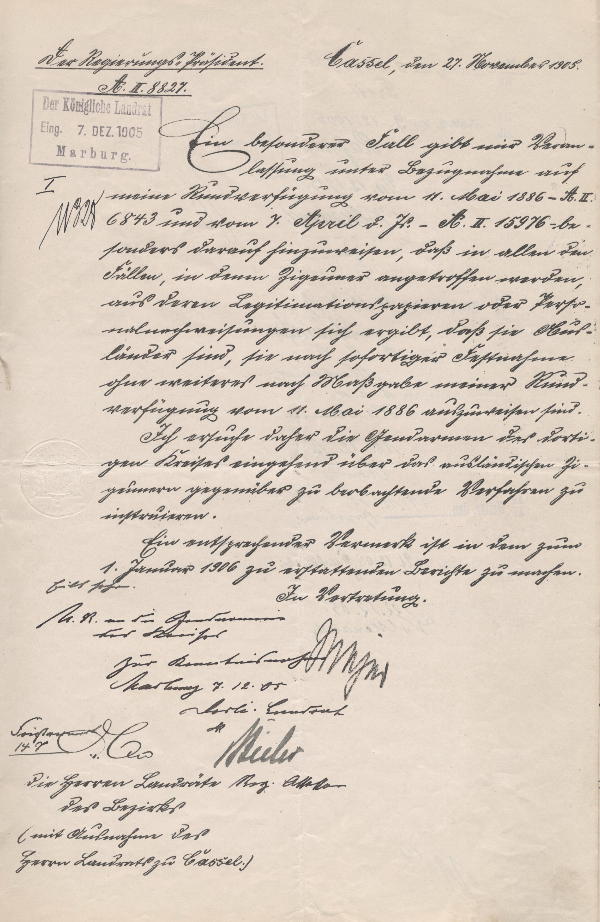 Schreiben des Regierungspräsidenten in Kassel an die Landräte des Bezirks zur Beachtung älterer Verfügungen zur Abschiebung  nichtdeutscher Sinti und Roma, 27. November 1905