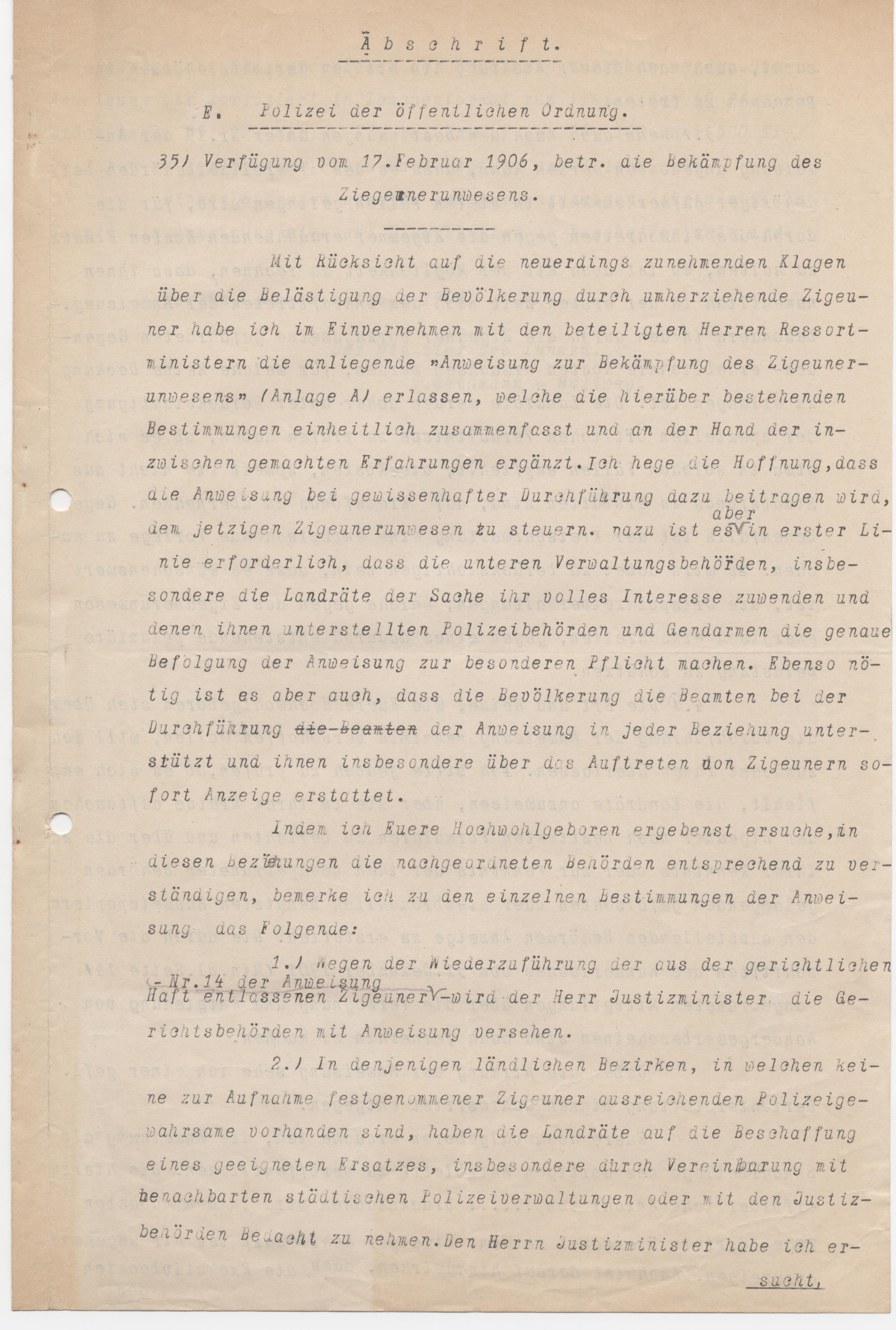 Abschrift von Teilen der "Verfügung zur Bekämpfung des Zigeunerunwesens vom 17. Februar 1906" für die Ortspolizeiverwaltung, o.D.