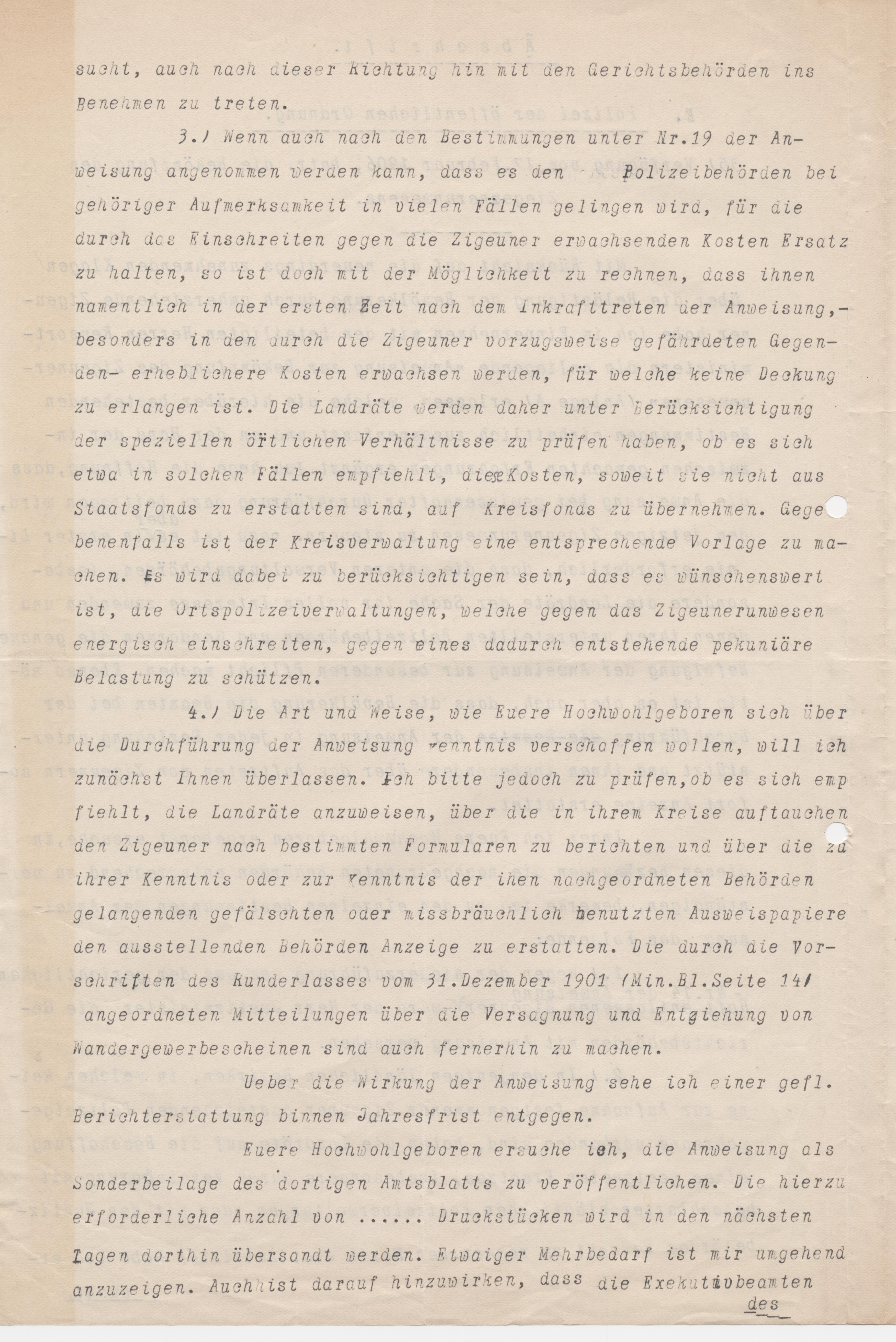 Abschrift von Teilen der "Verfügung zur Bekämpfung des Zigeunerunwesens vom 17. Februar 1906" für die Ortspolizeiverwaltung, o.D.