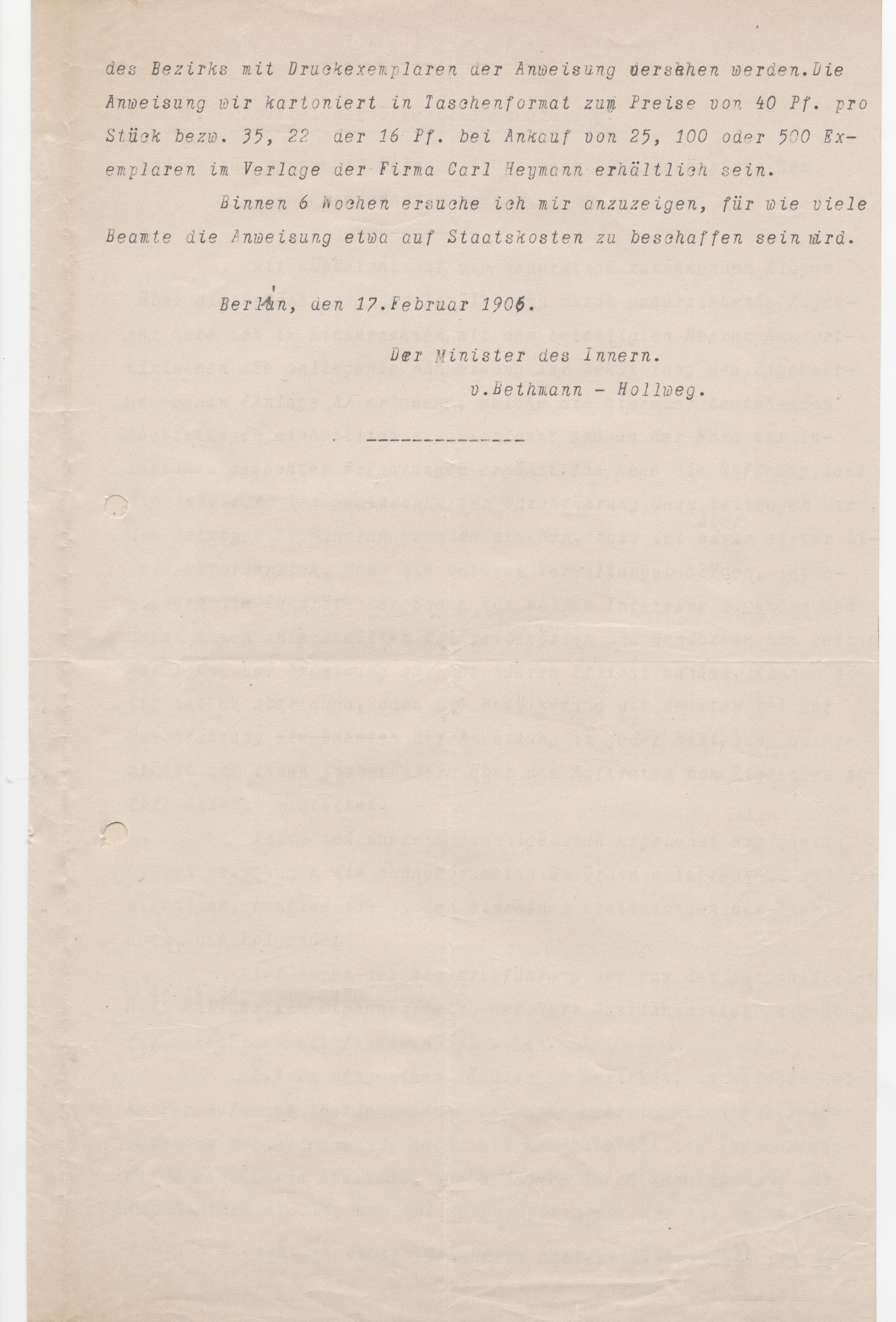 Abschrift von Teilen der "Verfügung zur Bekämpfung des Zigeunerunwesens vom 17. Februar 1906" für die Ortspolizeiverwaltung, o.D.