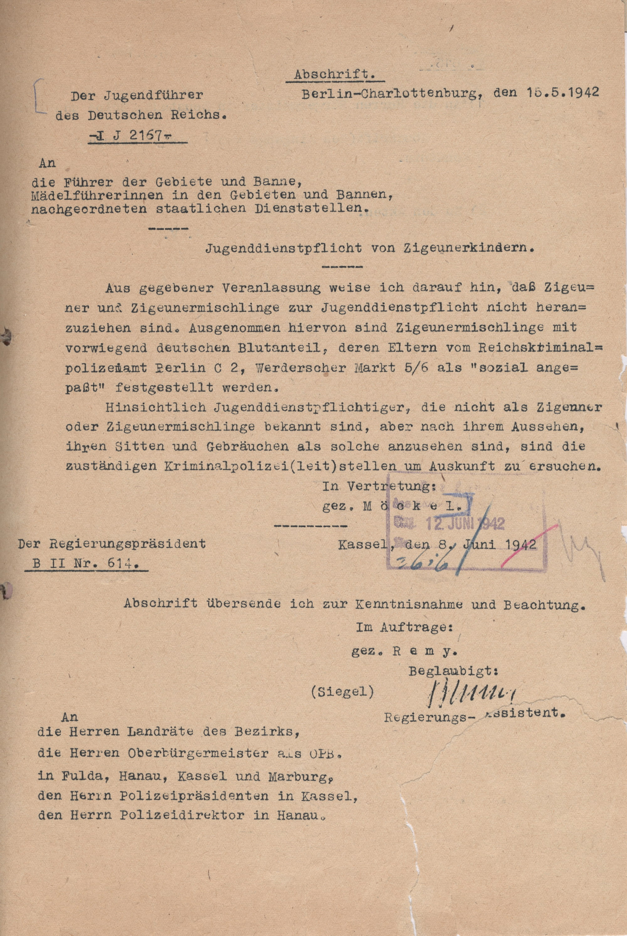 Schreiben des Jugendführers des Deutschen Reichs an die Führer der Gebiete und Banne zum Ausschluss der Sinti und Roma von der Jugenddienstpflicht, 16. Mai 1942