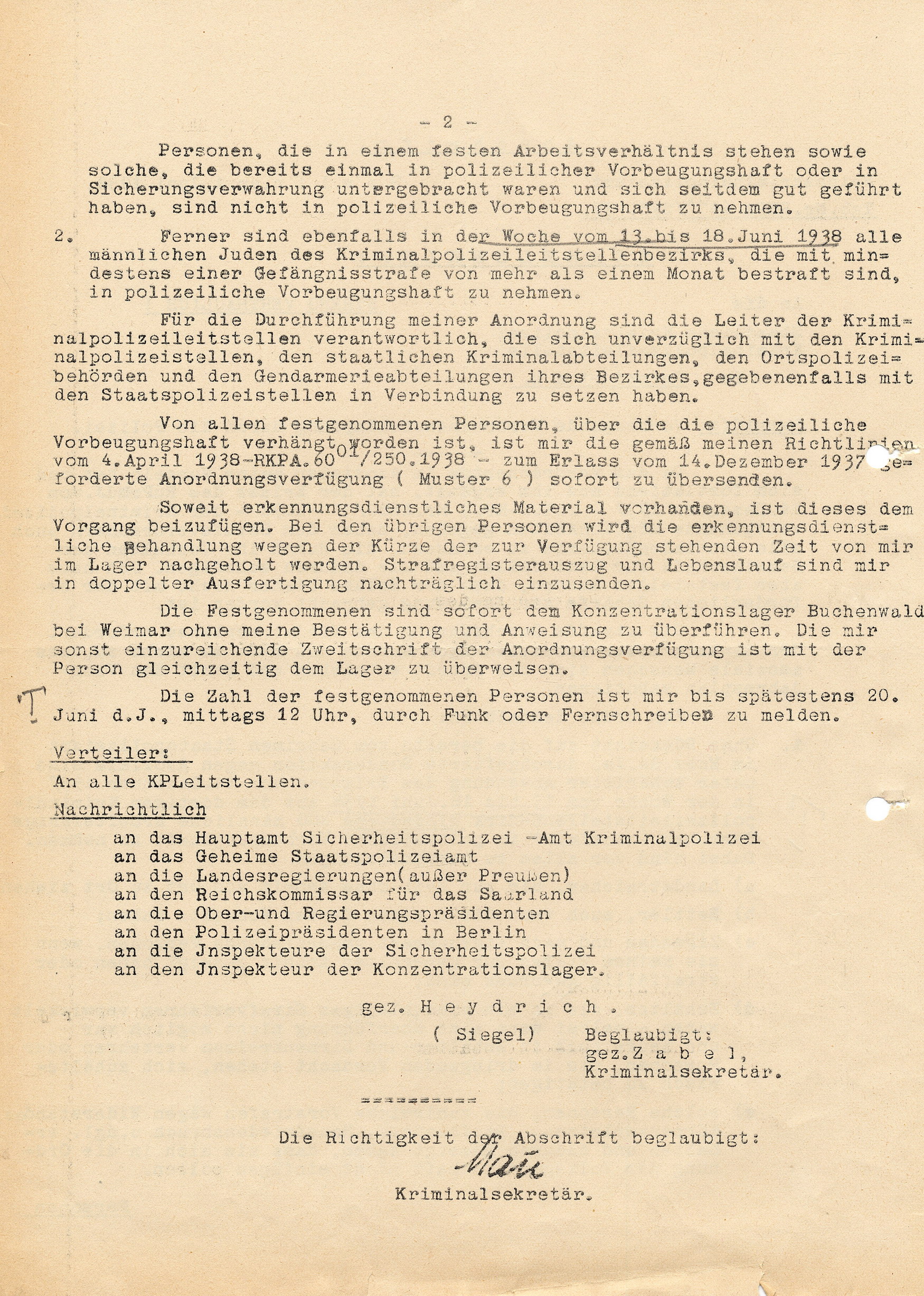 Abschrift eines streng vertraulichen Schnellbriefes des Reichskriminalpolizeiamtes Berlin an die Kriminalpolizeileitstellen zur "Vorbeugenden Verbrechensbekämpfung durch die Polizei", 1. Juni 1938