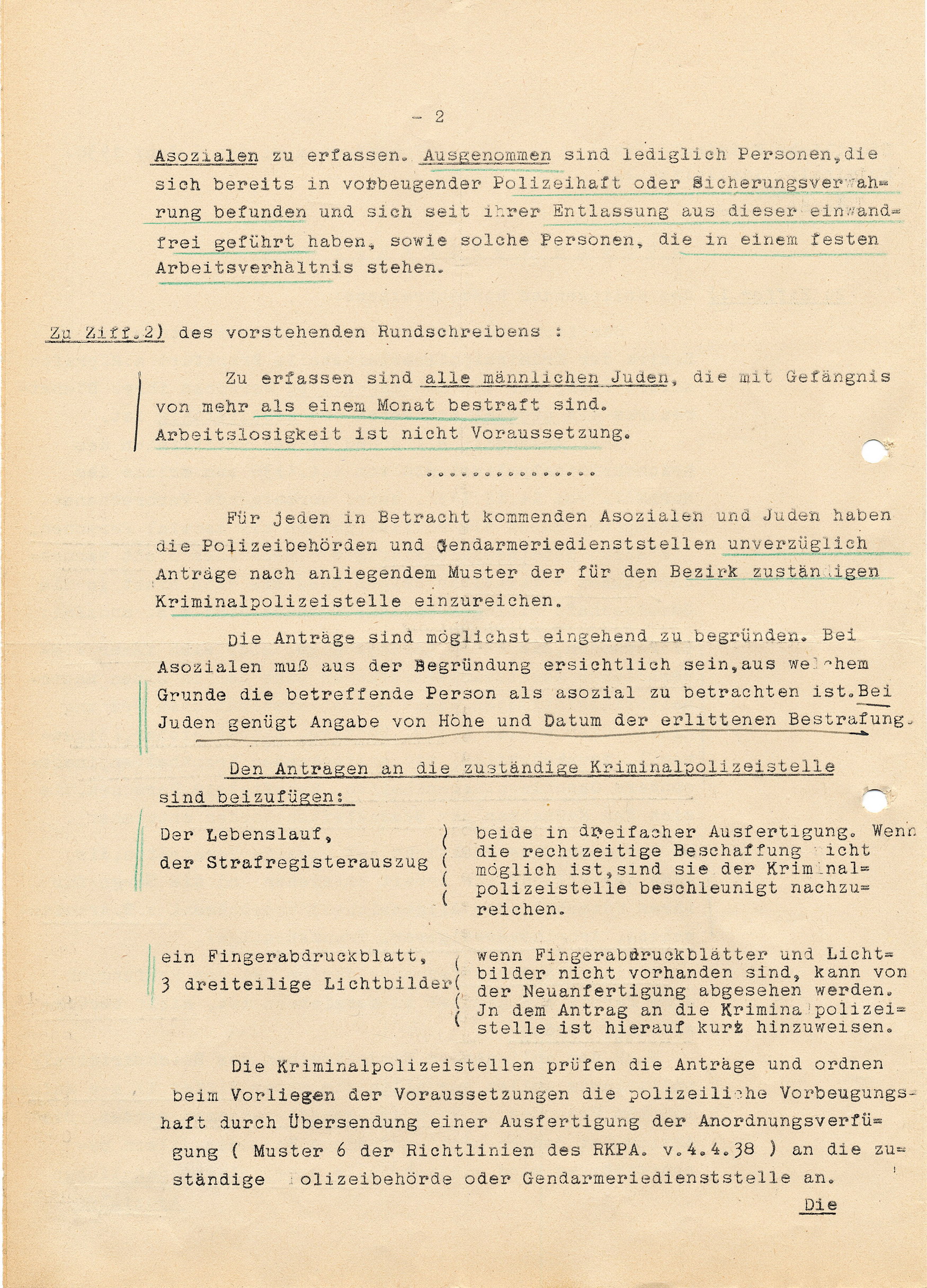 Abschrift eines streng vertraulichen Schnellbriefes des Reichskriminalpolizeiamtes Berlin an die Kriminalpolizeileitstellen zur "Vorbeugenden Verbrechensbekämpfung durch die Polizei", 1. Juni 1938
