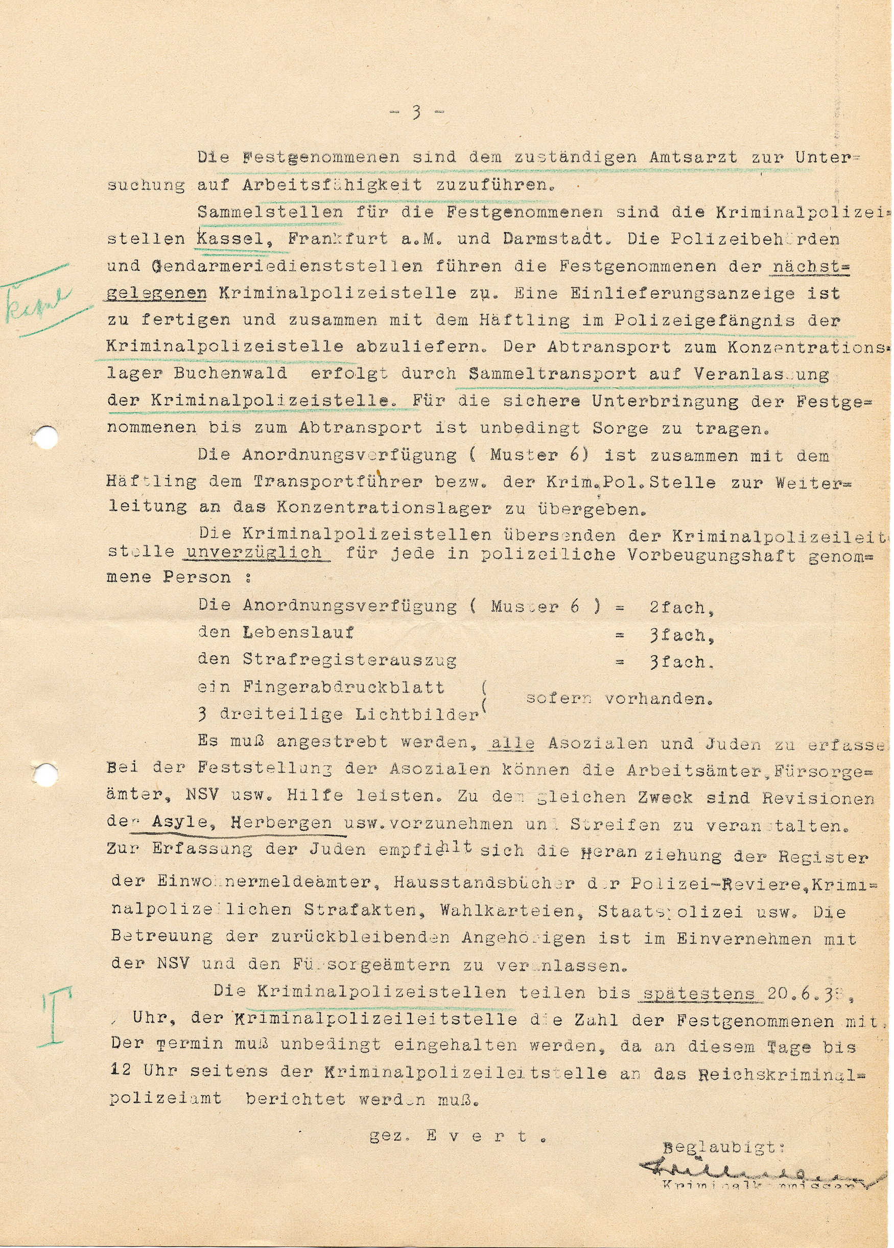 Abschrift eines streng vertraulichen Schnellbriefes des Reichskriminalpolizeiamtes Berlin an die Kriminalpolizeileitstellen zur "Vorbeugenden Verbrechensbekämpfung durch die Polizei", 1. Juni 1938