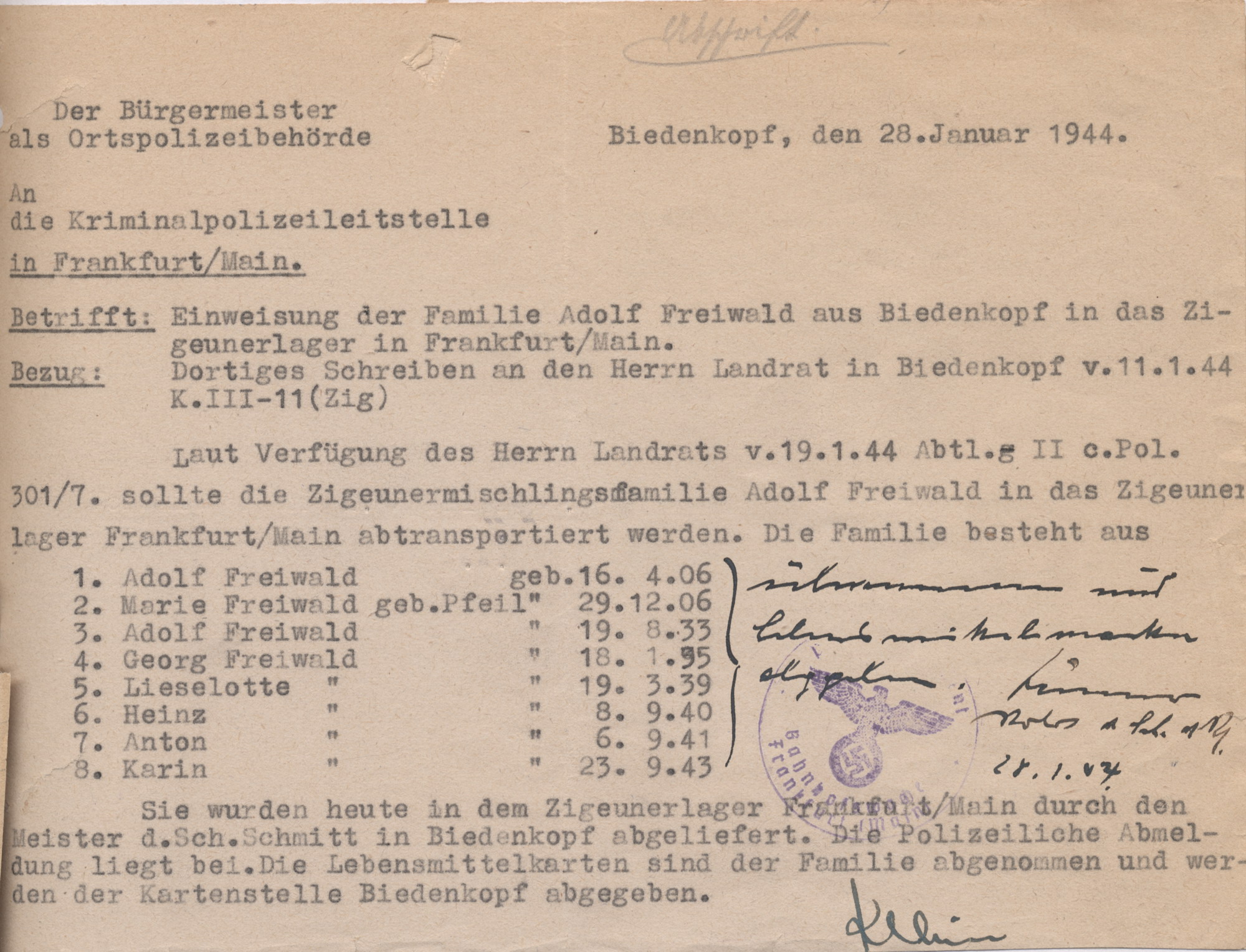 Schreiben des Bürgermeisters von Biedenkopf an die Kriminalpolizeileitstelle Frankfurt über Einweisung einer Sintifamilie in das Internierungslager Frankfurt, 28. Januar 1944 (Abschrift)