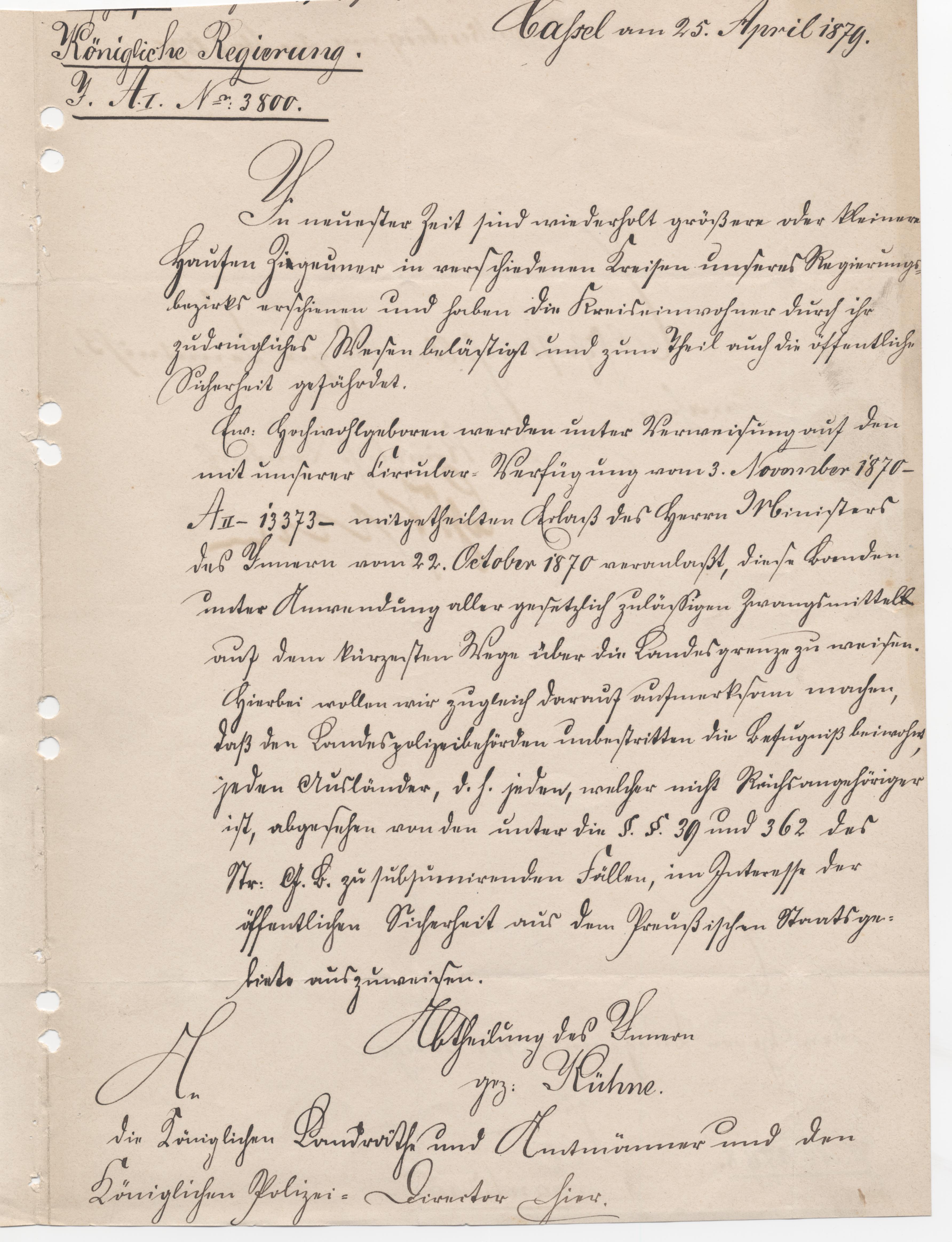 Schreiben der Königlichen Regierung in Kassel an die Landräte, Amtmänner und den Polizeipräsidenten von Kassel zur Gefährdung der Ordnung und Sicherheit durch "Zigeuner", 25. April 1879