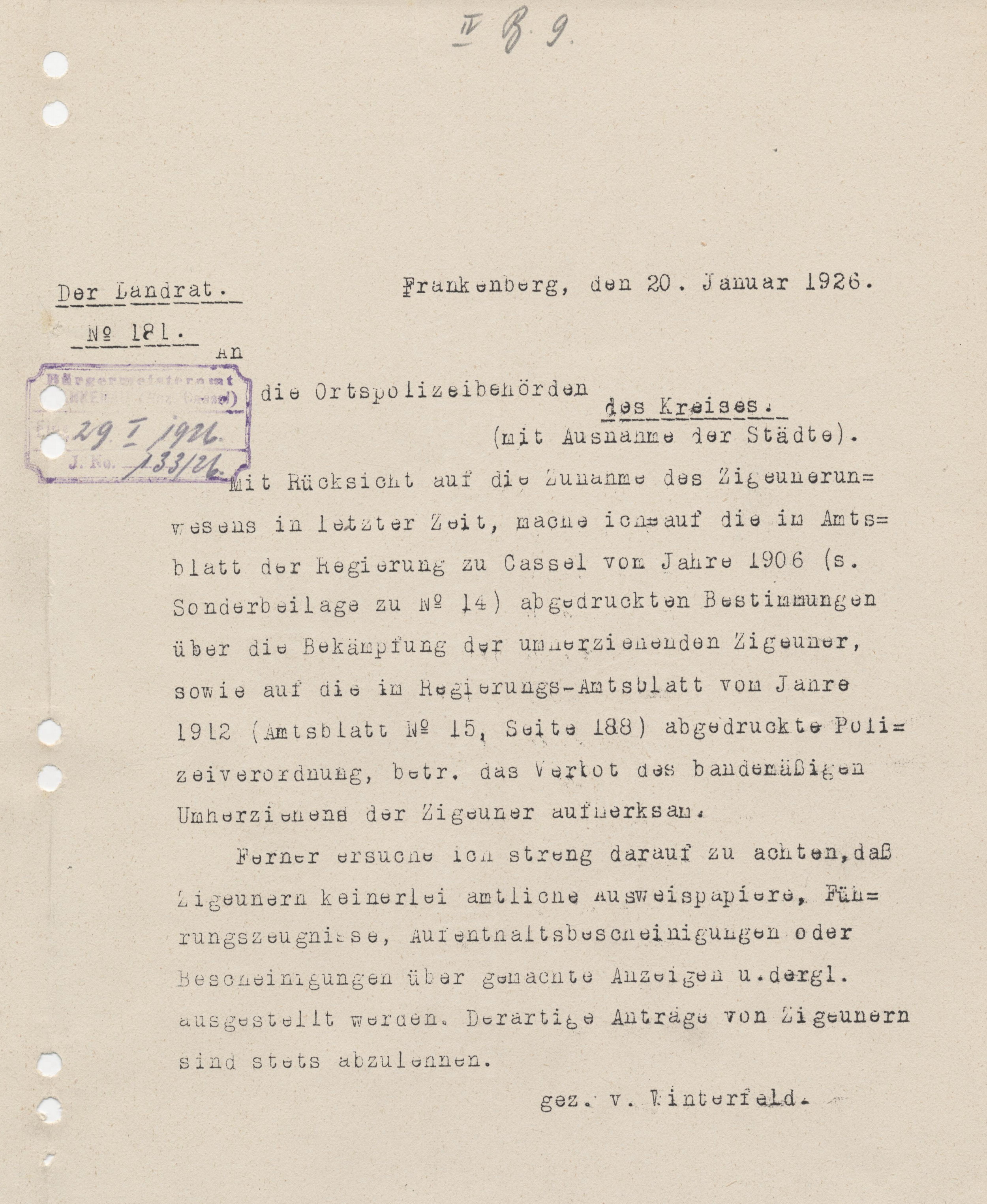 Verfügung des Landrats in Frankenberg an die Ortspolizeibehörden zur genauen Beachtung der "Ministerialanweisung gegen das Zigeunerunwesen" vom 17. Februar 1906, 20. Februar 1926