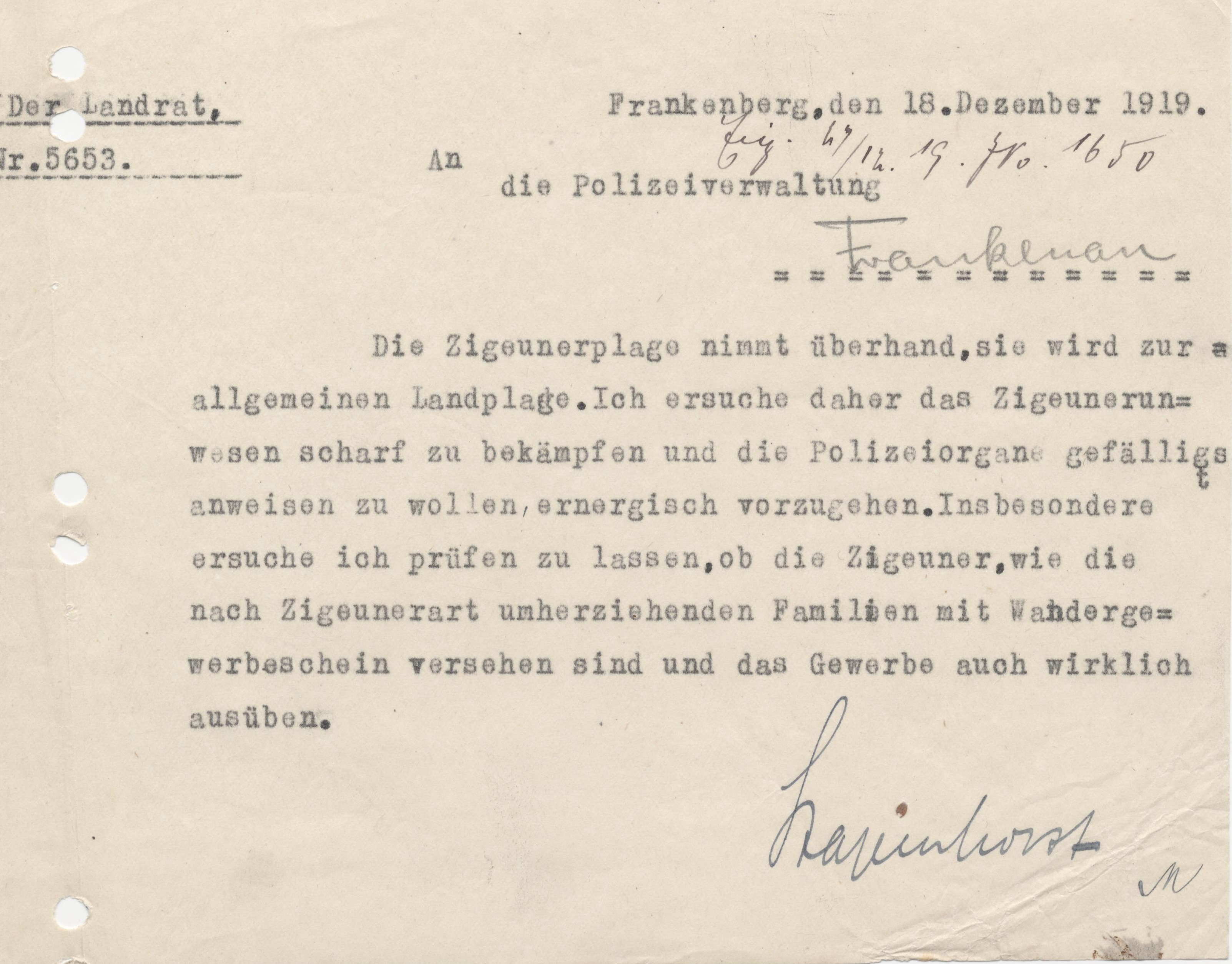 Verfügung des Landrats in Frankenberg an die Polizeiverwaltungen zur Überwachung der Sinti und Roma, 18. Dezember 1919