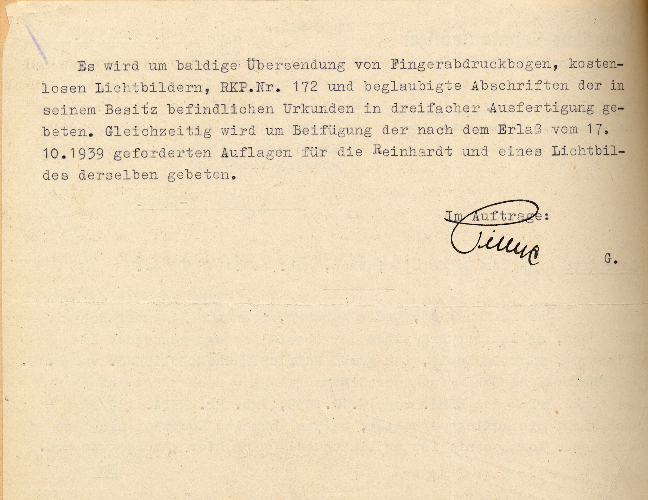 Schreiben der Kriminalpolizeistelle Kassel an den Landrat in Marburg zur Veranlassung der Erfassung eines bis dato nicht erfassten Sinto, 6. Mai 1942